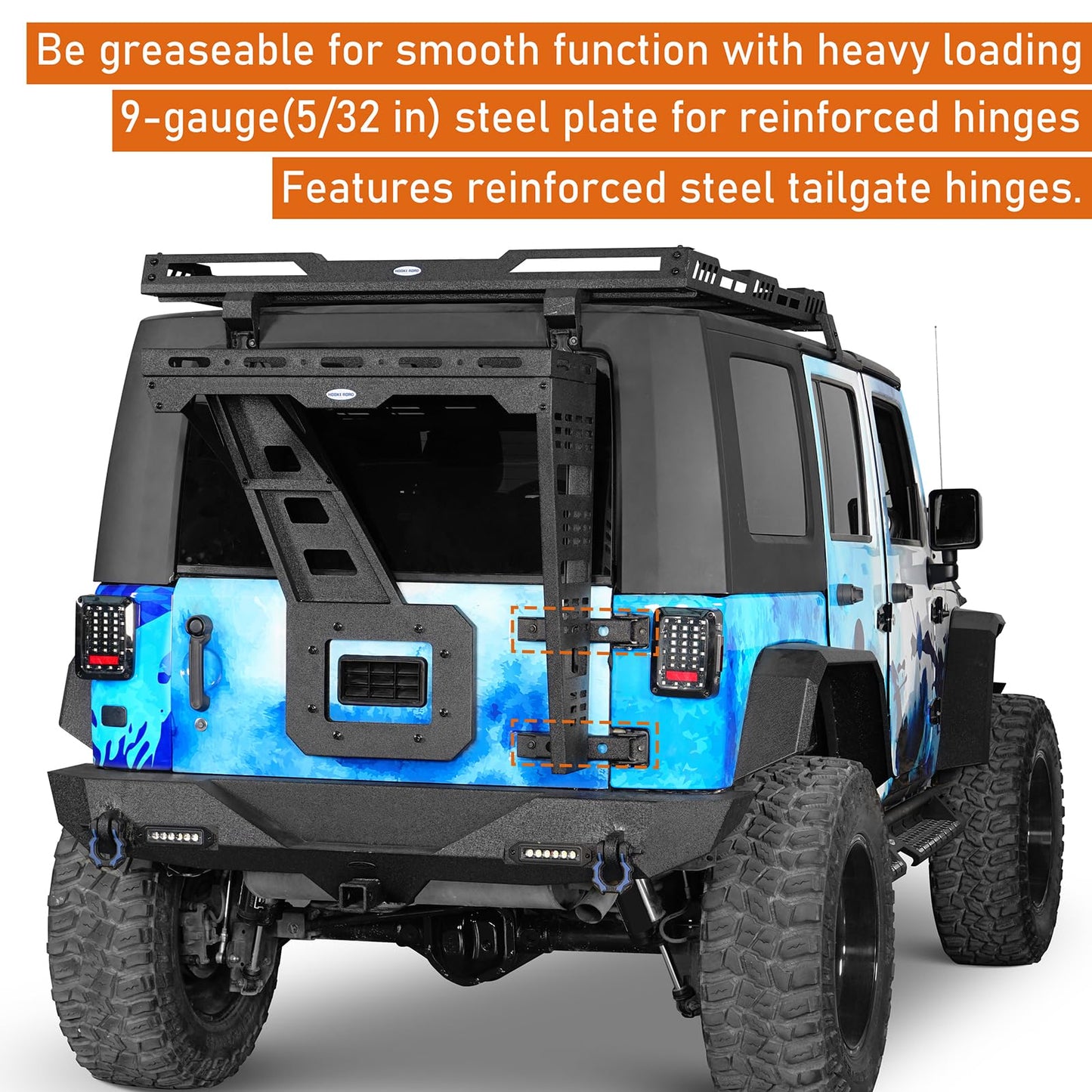 Hooke Road JK Spare Tire Cargo Basket Rack for 2007-2018 Jeep Wrangler JK & Unlimited 2/4 Doors, Rear Steel Storage Tray Luggage Carrier with Reinforced Tailgate Hinge Kit