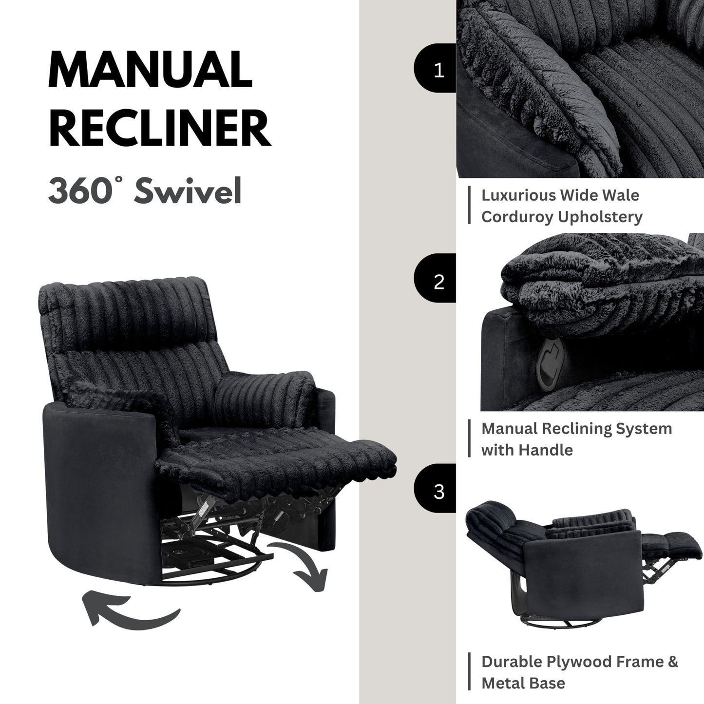 Roundhill Furniture Bocaton Wide Wale Corduroy Upholstery Manual Recliner, Black