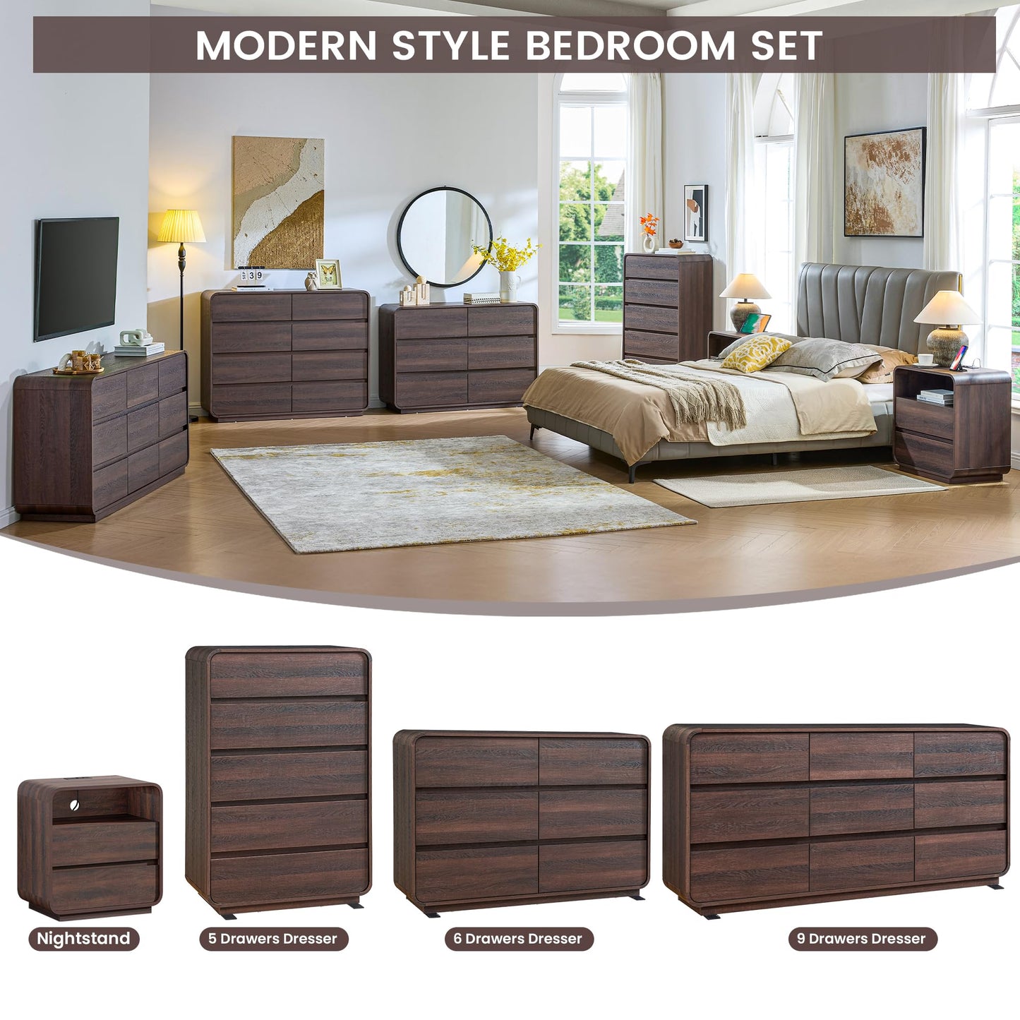 Standifurno 9 Drawer Double Dresser for Bedroom, Modern Curved Wood Chest Drawers of Handleless, Large Storage Dresser Bedroom, Living Room, Entryway, Walnut
