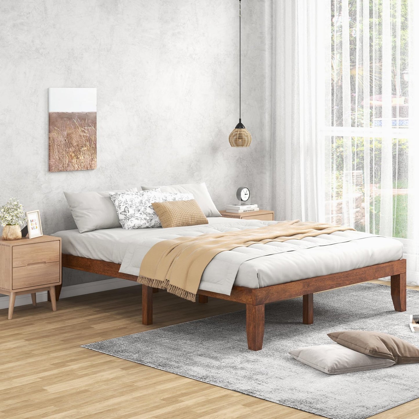 KOMFOTT 14 Inches Wood Platform Bed Frame Queen Size, Wooden Mattress Foundation with Rubber Wood Frame, Strong Wooden Slat Support, No Box Spring Needed, Bed Frame (Brown Cherry)