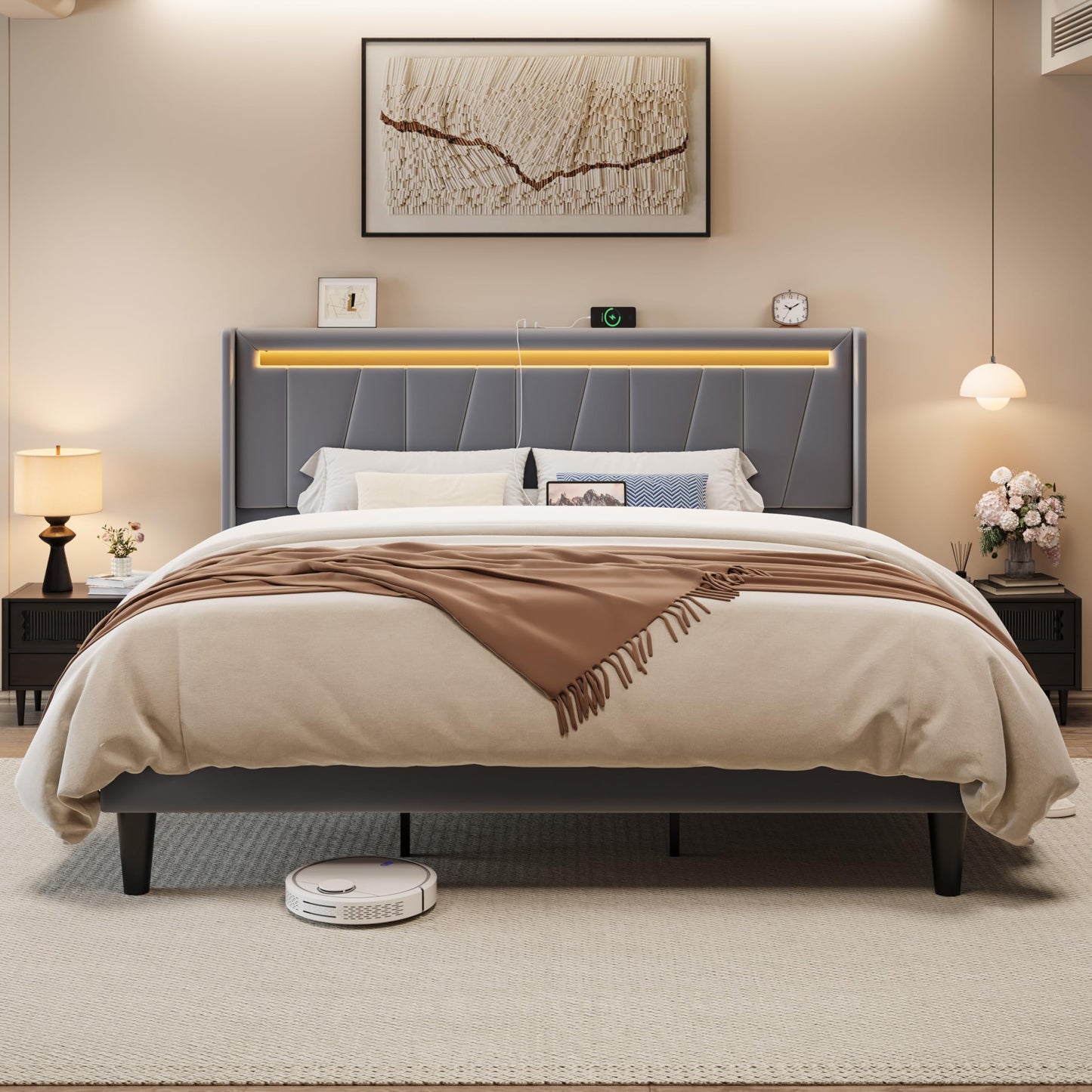 Allewie King Size LED Bed Frame with Charging Station, Velvet Upholstered Platform Bed with Geometric Wingback Headboard, Modern Frame with No Box Spring Needed, Easy Assembly, Grey
