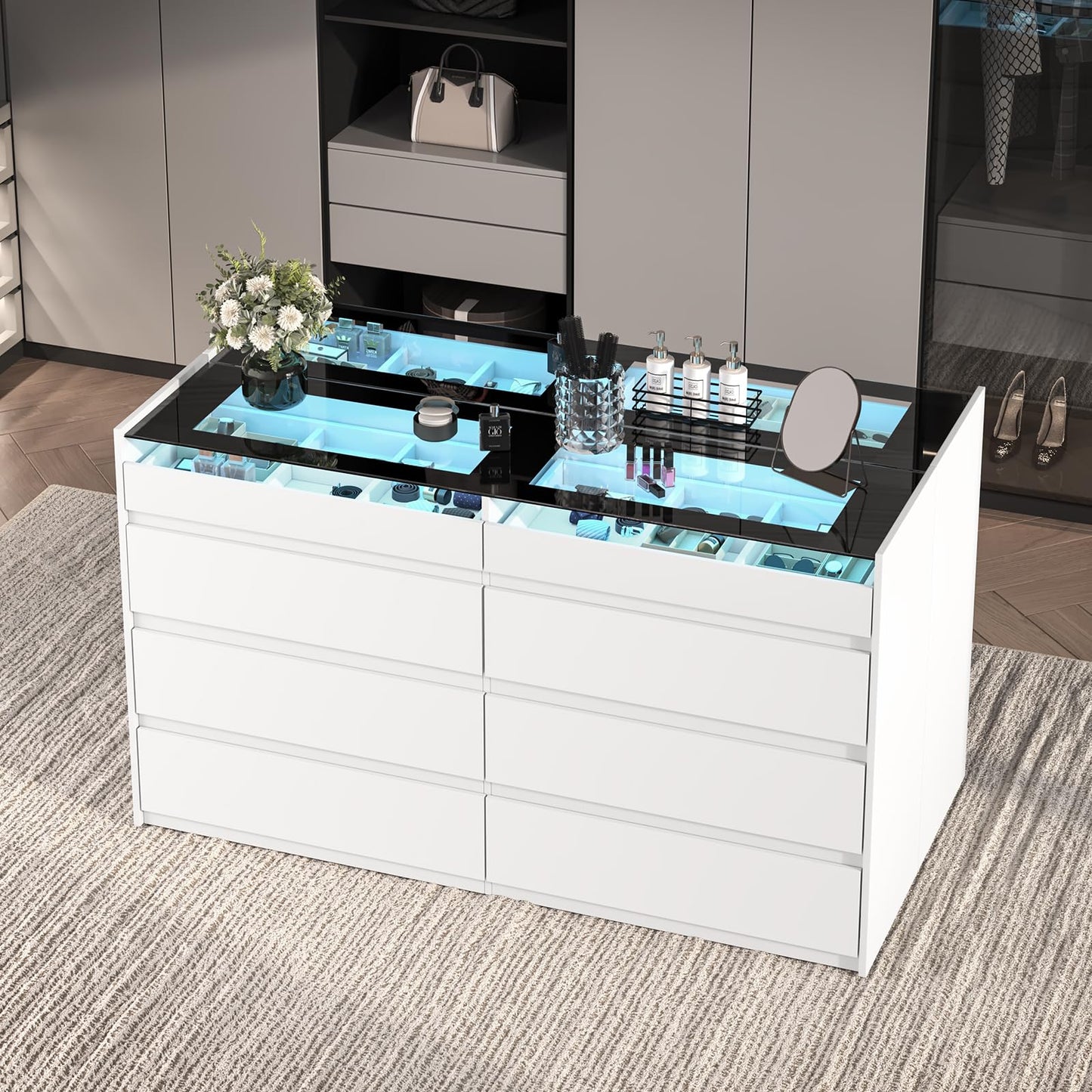 ZORPLIX White 8 Drawer Dresser for Bedroom, Modern Chest of Drawers, Jewelry Dresser Display with Glass Top and LED Light, Dressers Organizer for Bedroom, Closet, Living Room