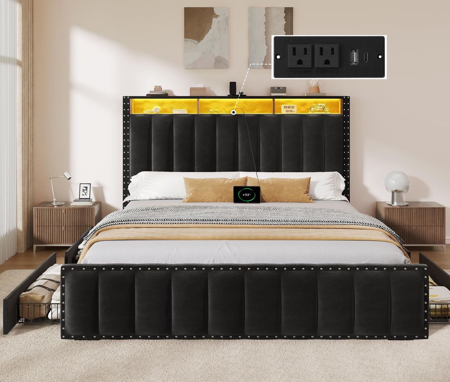 DWVO Queen Size Bed Frame with 4 Storage Drawers and RGB LED Lights, Velvet Upholstered Platform Bed with Charging Station and Bookcase Storage Headboard, No Box Spring Needed, Easy Assembly, Black