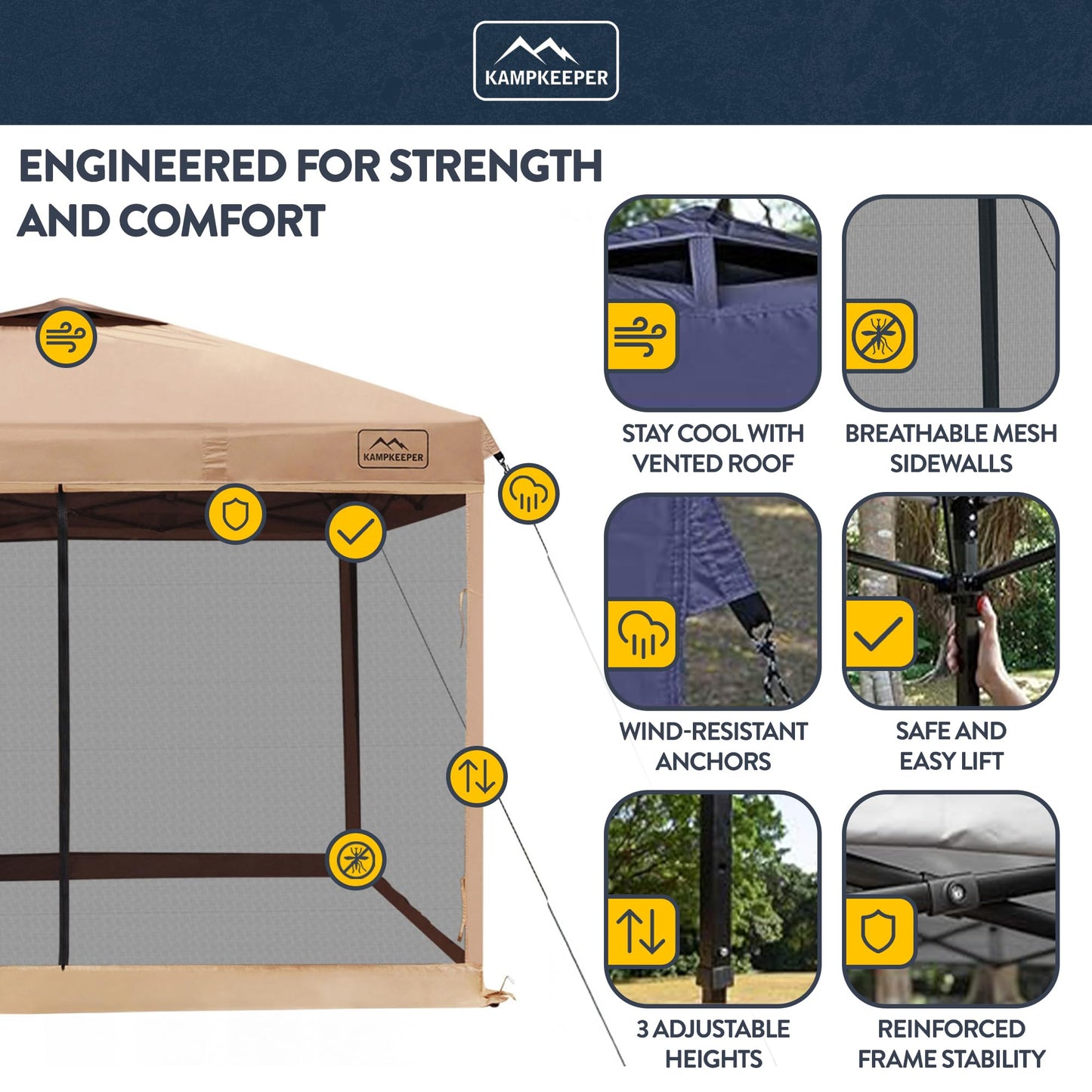 KAMPKEEPER 10x10 Pop-Up Canopy Tent, Waterproof Portable Shade with Screen Walls, Adjustable Instant Outdoor Shelter for Camping, Backyard, and Events, Khaki