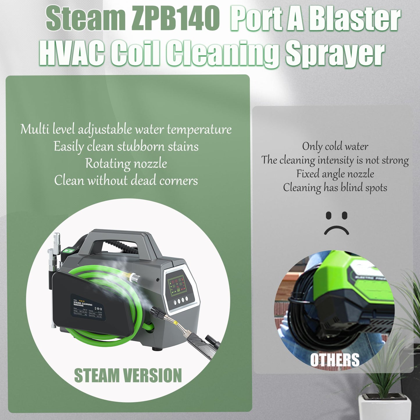 3300W High Pressure Steam Cleaner, ZPB140 Port A Blaster HVAC Coil Cleaning, High Temp Air Conditioning Steam Cleaning Machine, Heavy Duty Portable Steamer for HVAC, Car Detailing, Floor, Upholstery