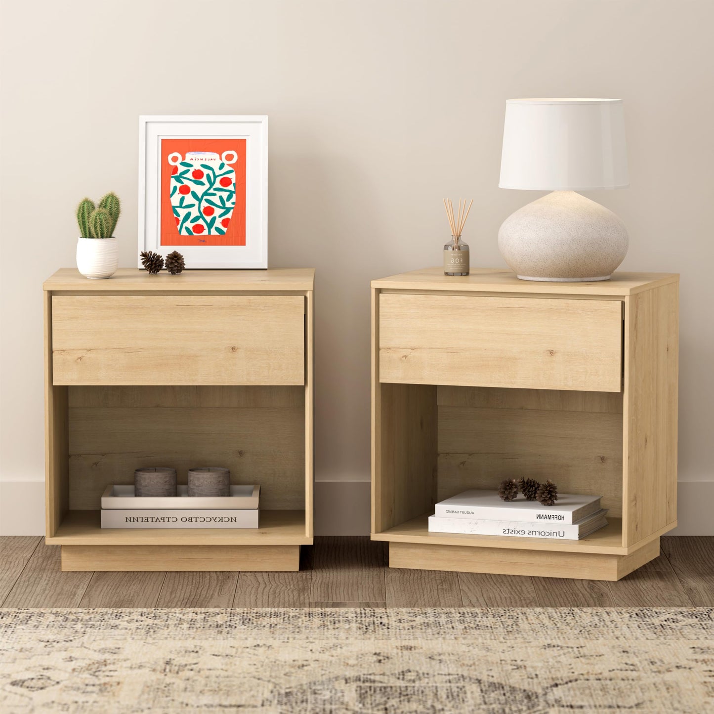MoomJiee Farmhouse End Side Table Set of 2 Modern Wood Nightstands Bedside Cabinet with Storage Drawer and Open Shelf for Bedroom, Living Room, Light Oak