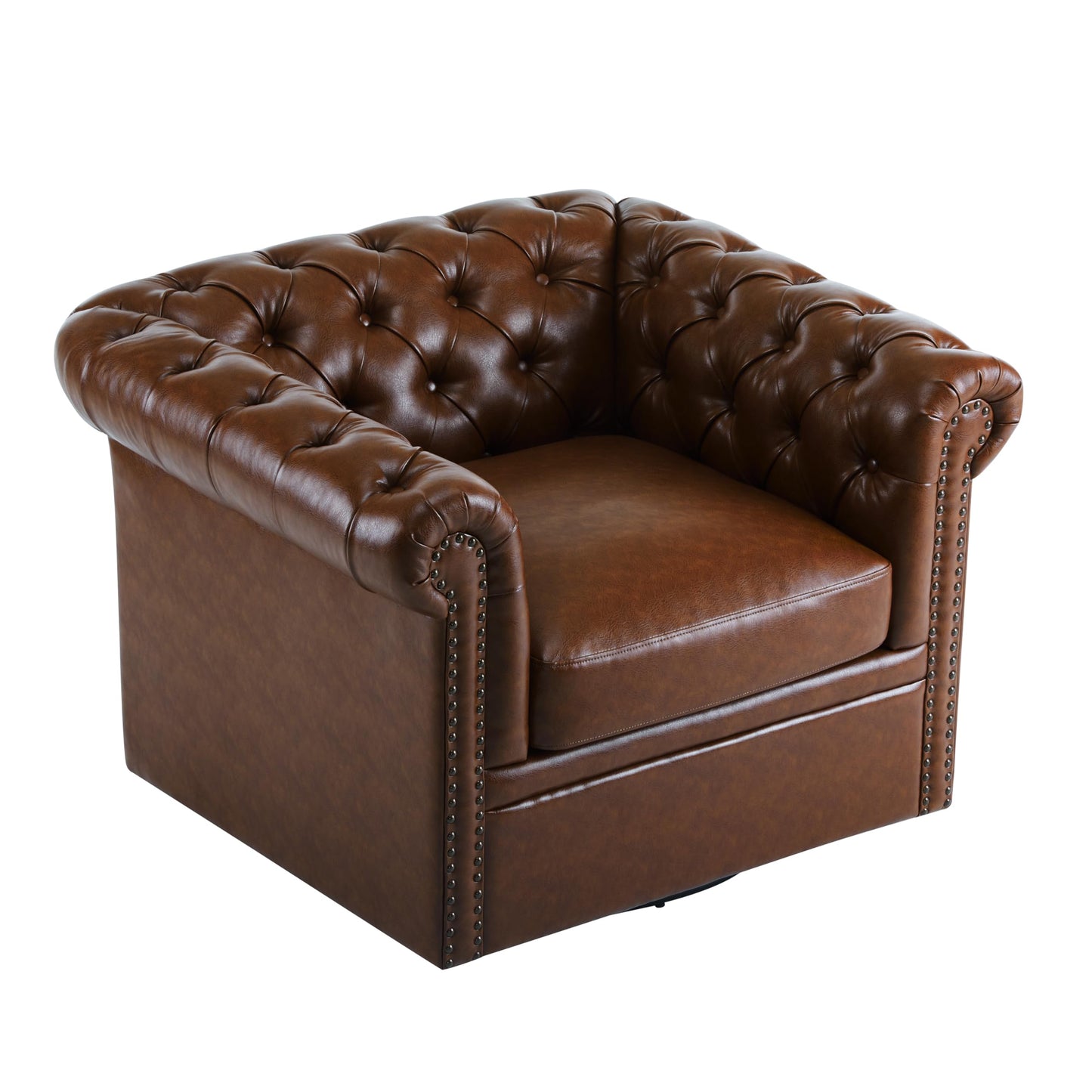 Christopher Knight Home Oakley Chesterfield Faux Leather Upholstered Club Chair, Button-Tufted 360° Swivel Sofa, Scrolled Arm Living Room Sofa, No Assembly Required Furniture, Dark Brown