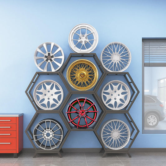 Renvan Heavy Steel Wheel Display Rack, Car Rim Rack Holds 9 Rims, Stackable Car Wheel Stand for Garage, Auto Repair Shop, Tire Store (6 frames + 2 bases)