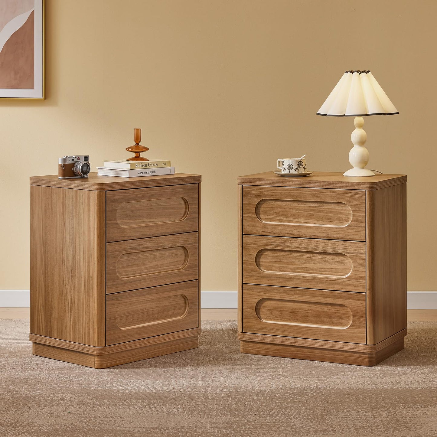 SUCSSRICH Nightstands Set of 2, Brown Nightstand with 3 Drawers
