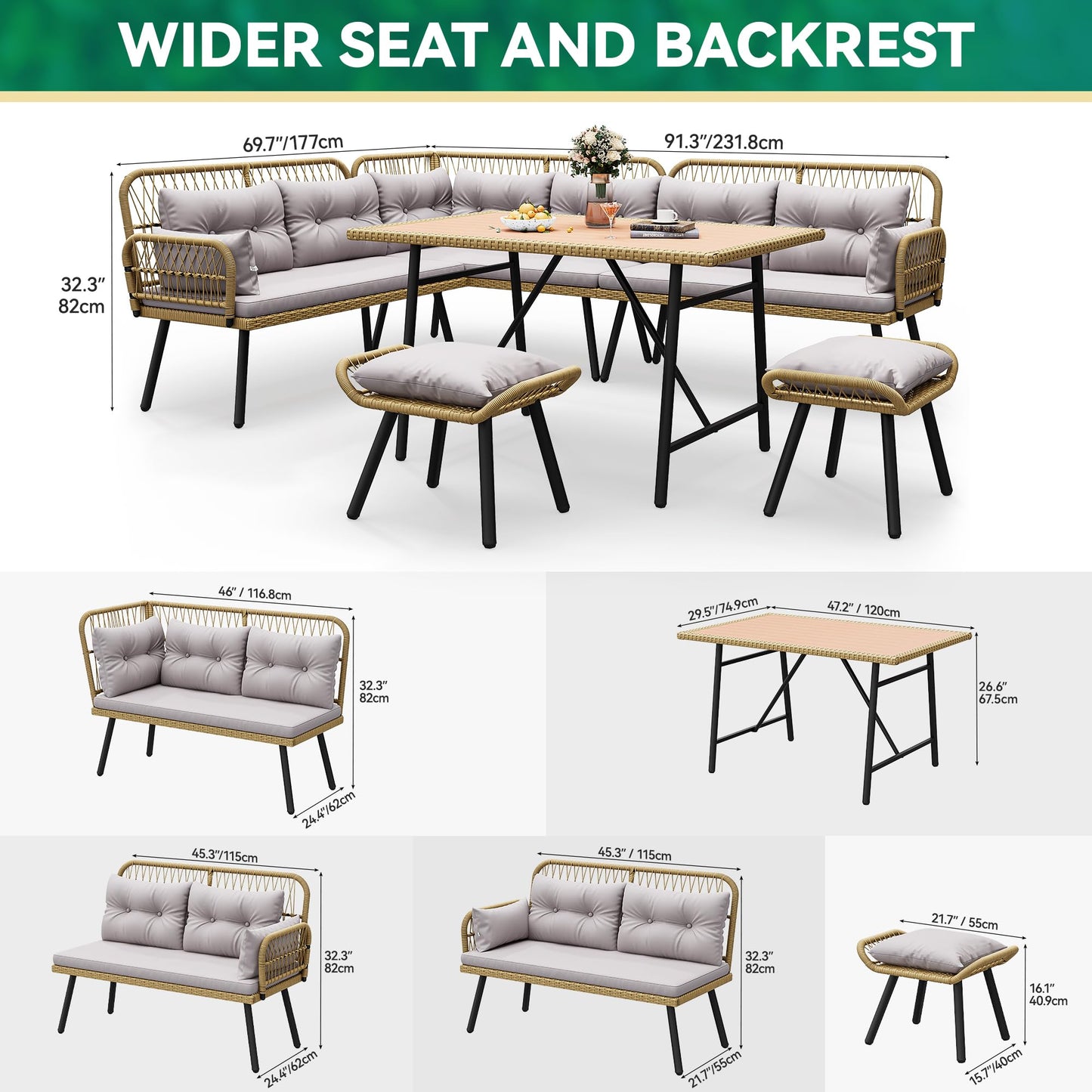 YITAHOME Patio Wicker L-Shaped Furniture Set, All-Weather Rattan Outdoor Conversation Sofa Set for Backyard Deck with Soft Cushions,Ottomans and Wood-Like Dining Table, Light Brown+Gray