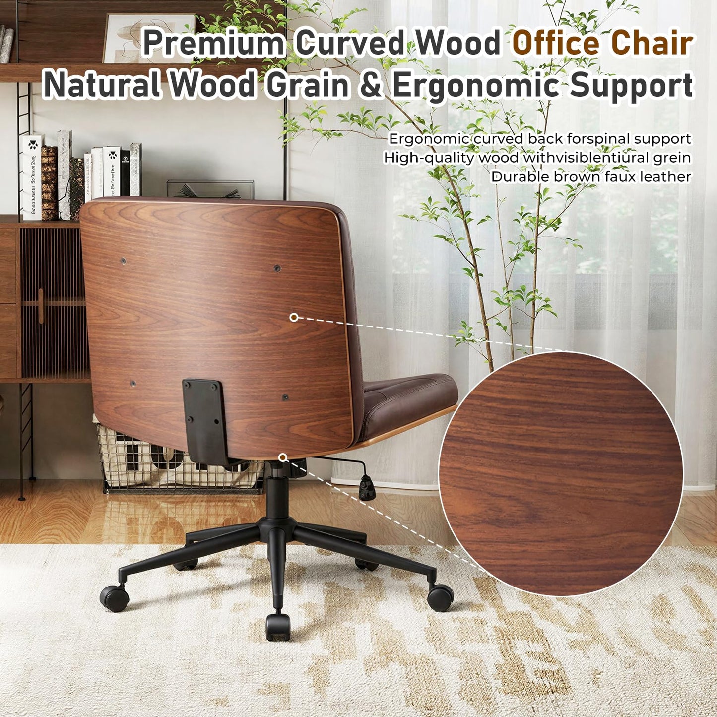 Furnimart Heavy-Duty Curved FSC Wood Desk Chair 360° Swivel, Faux Leather Criss Cross Chair with Wheels Wide Seat, Comfy Armless Cross Legged Sitting for Bedroom, Office, Vanity (PU Brown)