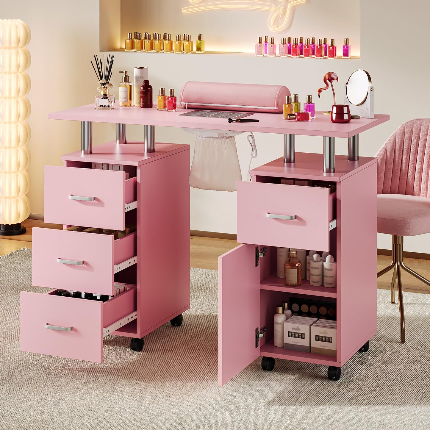Manicure Table with Dust Collector, 42" Nail Desk for Nail Tech with Lockable Wheels, 4 Storage Drawers, Arm Rest, Acetone Resistant Top and Storage Cabinet Pink