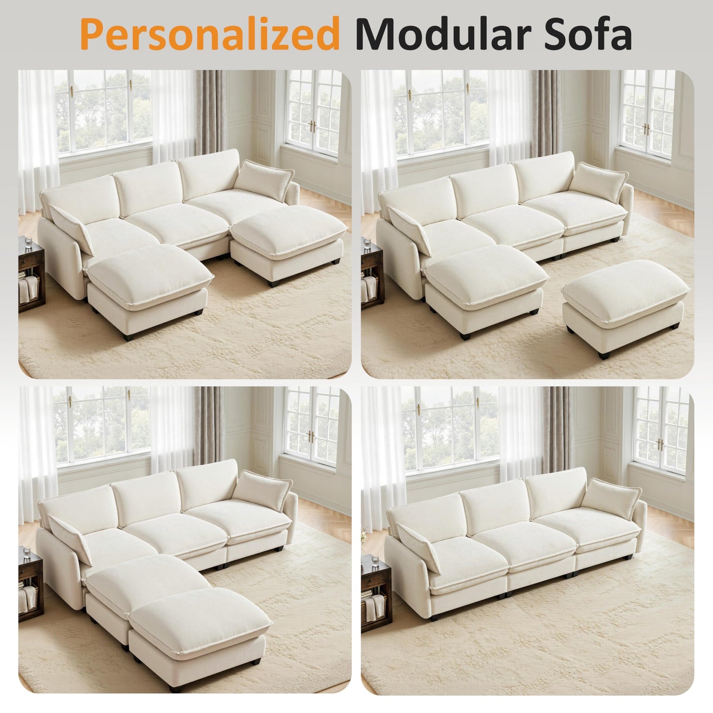 MCombo 117" Oversized Cloud Sectional Couch, Sectional Sofa with FSC Certified, U Shaped Couch with Ottoman for Living Room, Chenille S0701 (Beige)