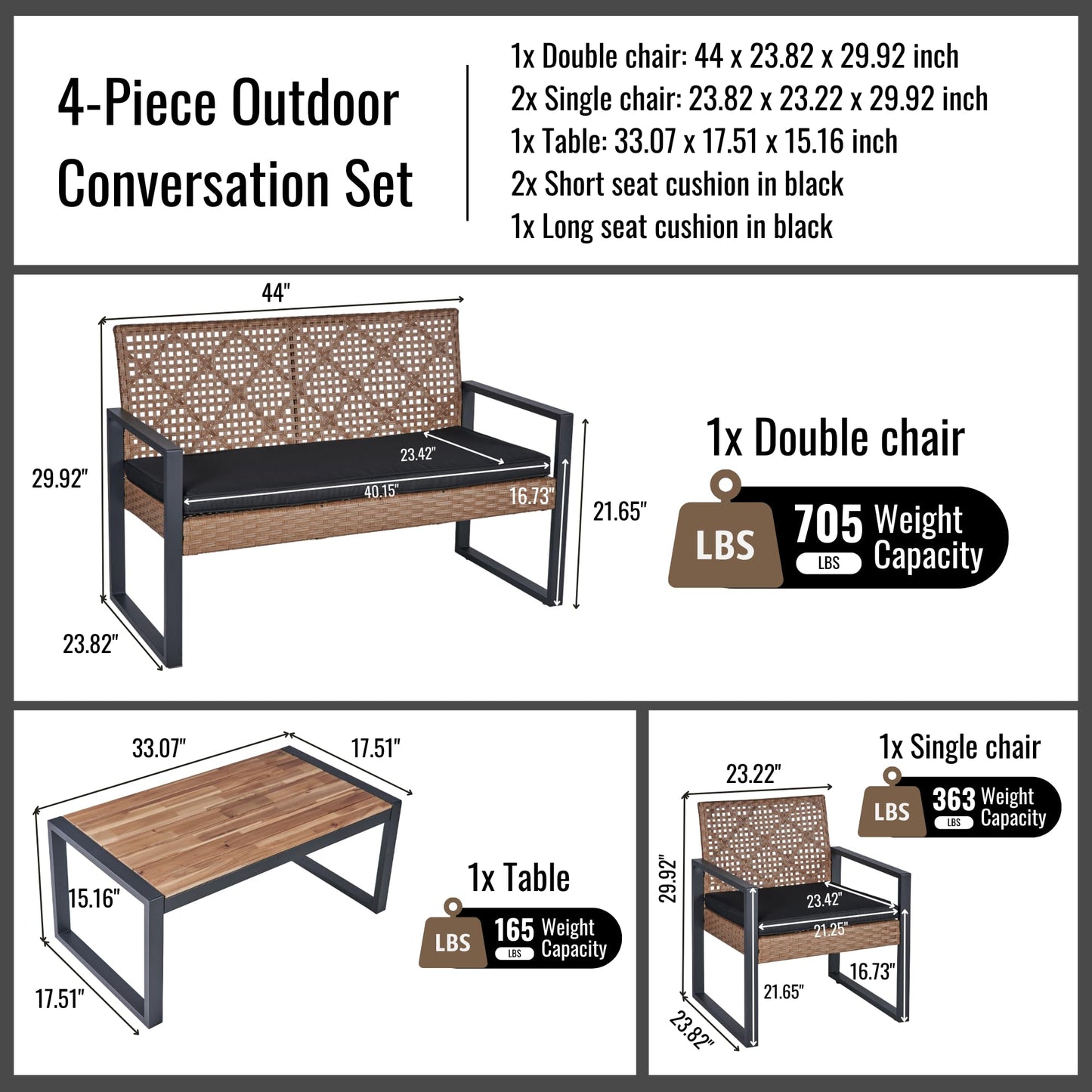 KEIKI 4PC Outdoor Patio Wicker Furniture Chat Conversation Set with Acacia Wood Table Top Backyard Porch Balcony