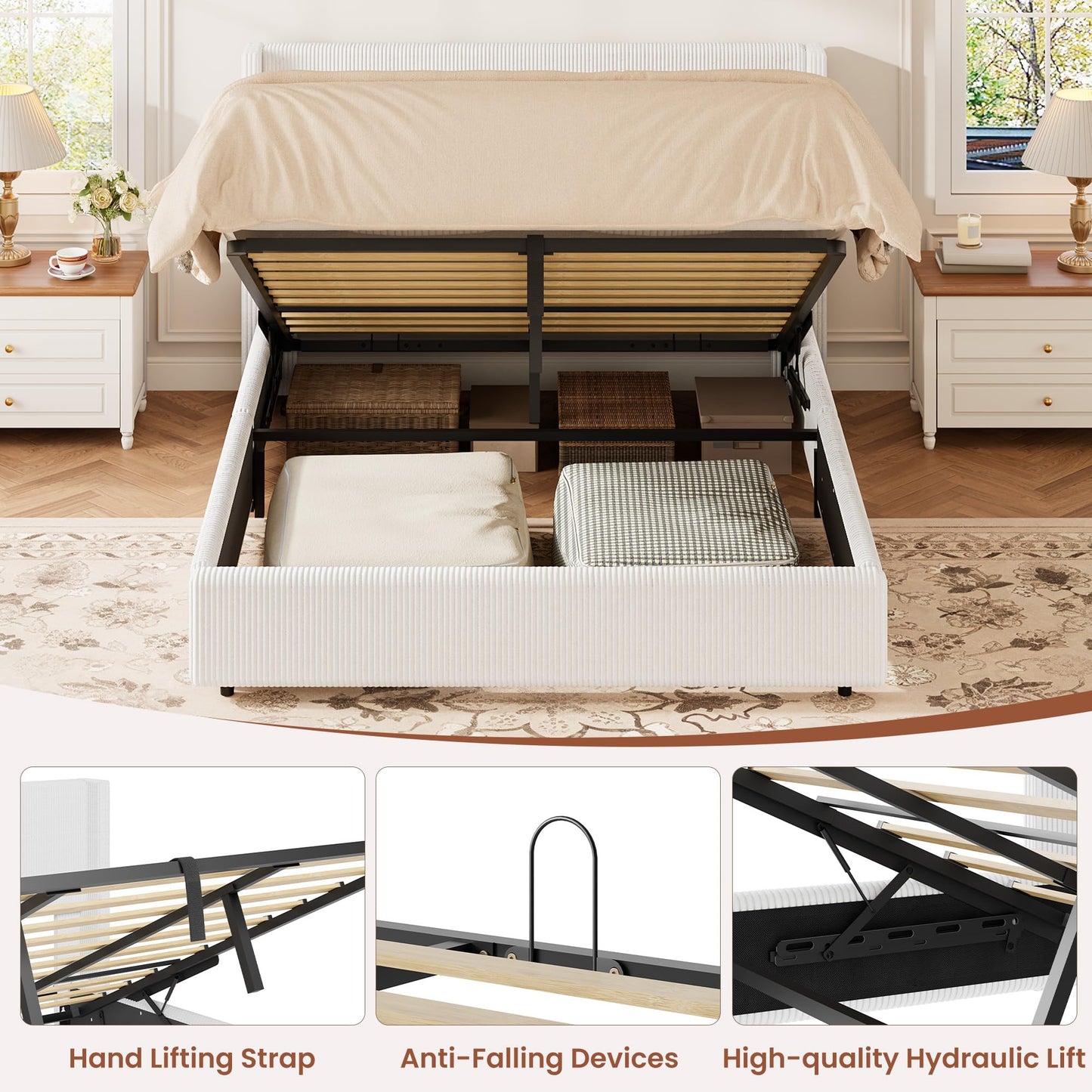 Garvee Queen Lift Up Storage Bed Frame, Corduroy Upholstered Platform Bed with Gas Lift, Padded Headboard, Wooden Slat Support, No Box Spring Needed, Easy Assembly, White