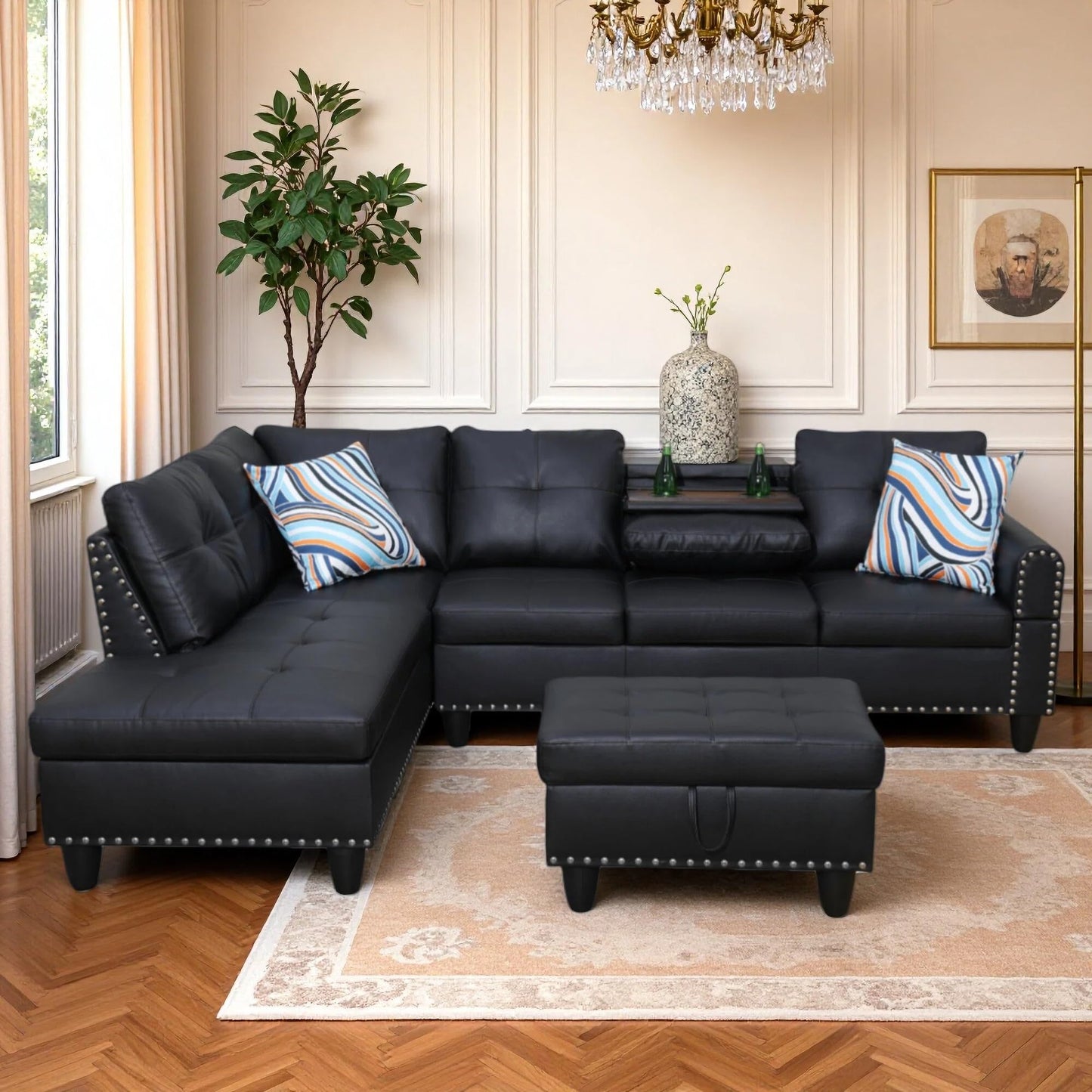 Trygoal Leather Sectional Sofa with Movable Chaise & Storage Ottoman, 3-Piece Modular Convertible L-Shaped Couches for Living Room, Apartment & Office, Black