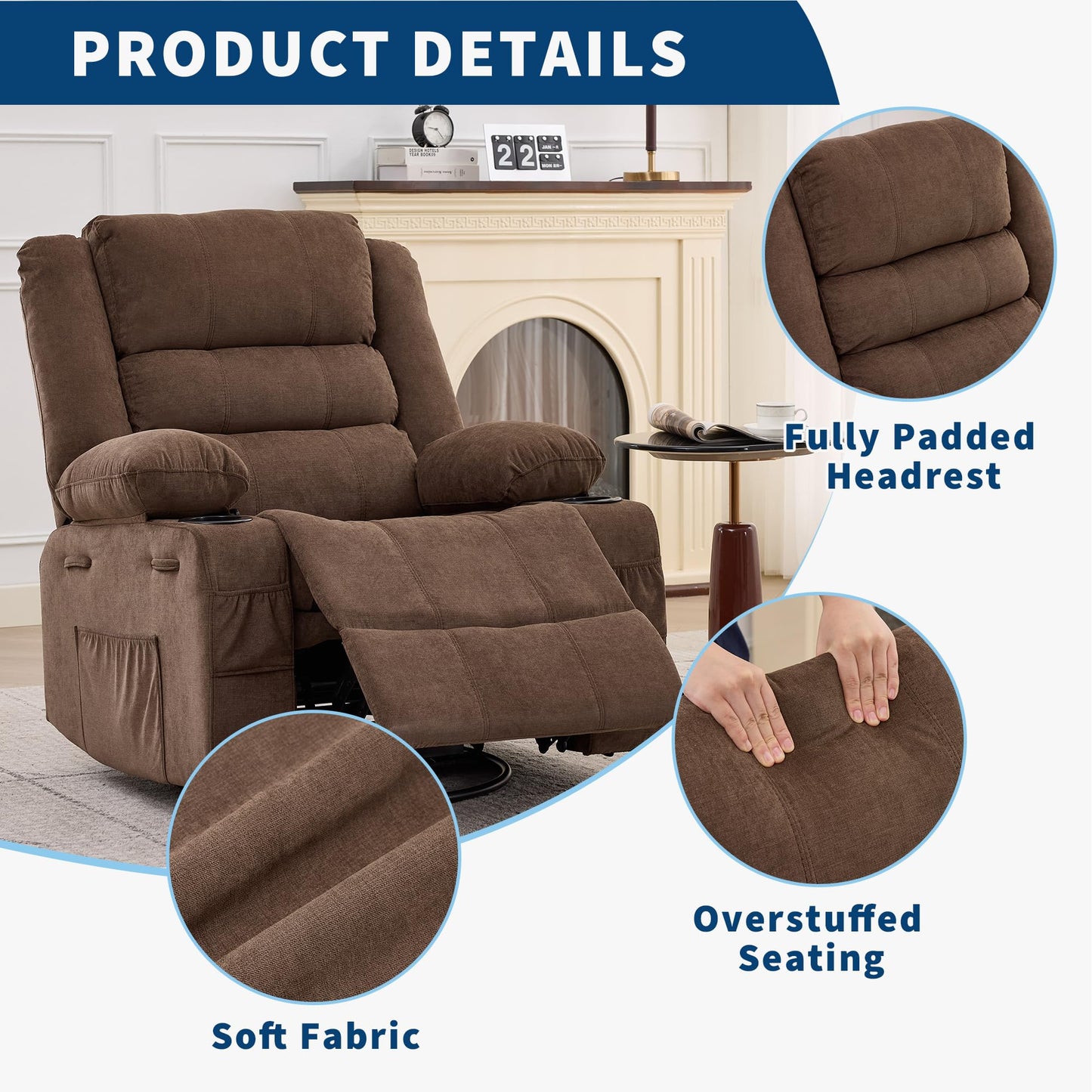 Rocking Recliner Chair for Adults Wide 360° Swivel Rocker Recliner with Cup Holder Nursery Glider with Upholstered Deep Seat Linen Lazy boy Chair for Living Room Browm