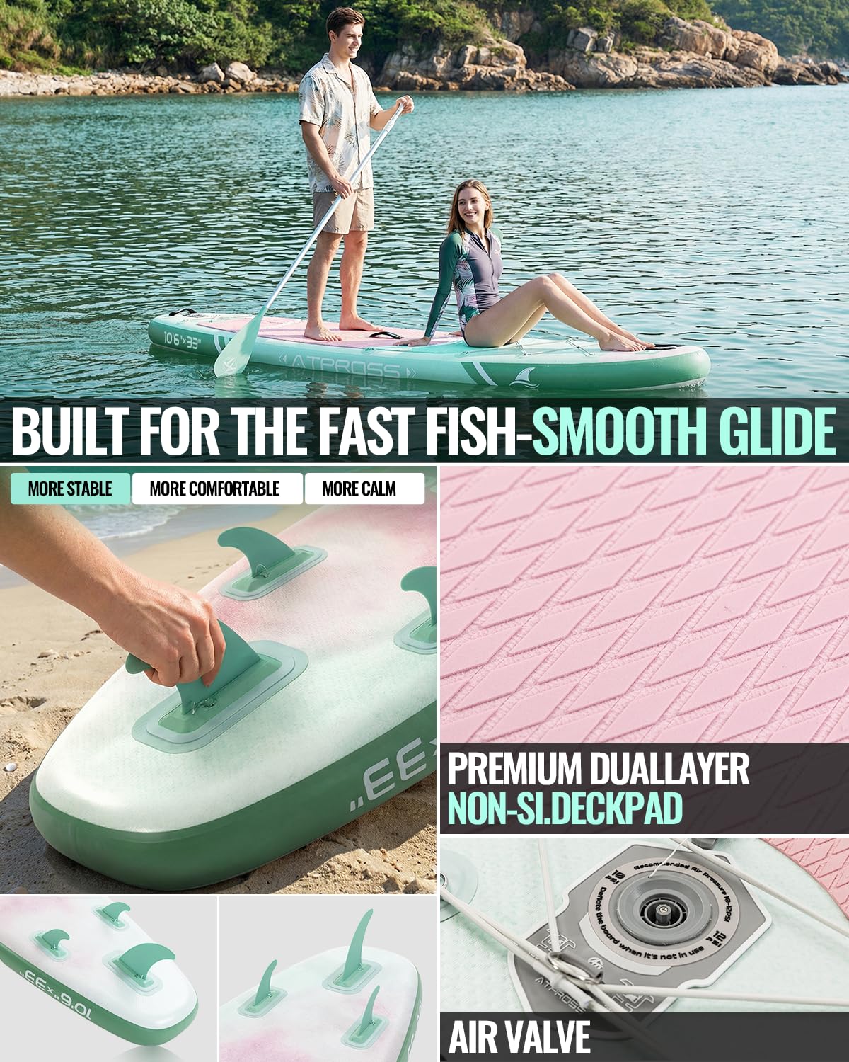 10'6''x33''Inflatable Stand Up Paddle Board, 400lbs Extra Ultra-Light Blow Up Paddle Board, Premium SUP Accessories Kit & Backpack, Non-Slip Stable Deck Boat for Yoga Fishing Surf