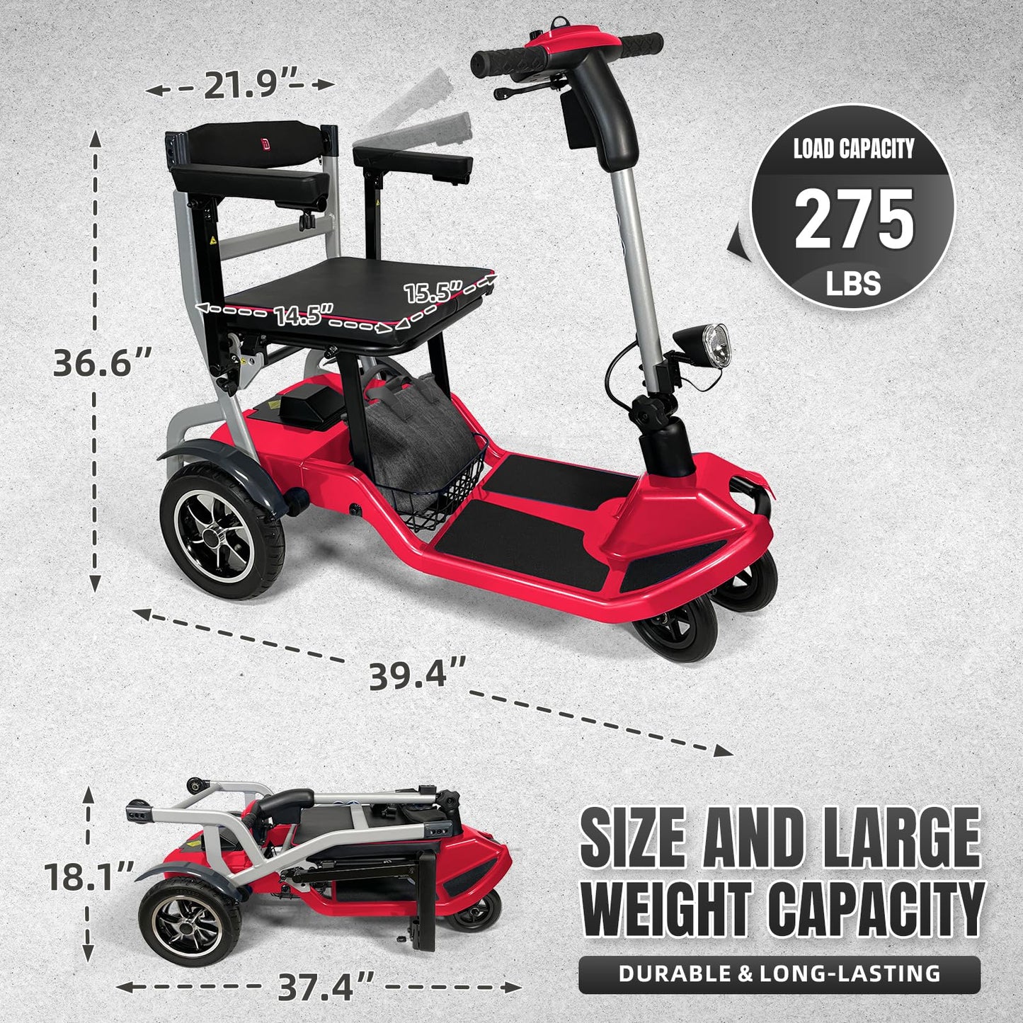 ZiiLIF R3b-Mobility Scooters for Seniors Adults Ultra Lightweight 37.5 Ibs Electric Powered Folding 4 Wheel Mobility Scooter with Cup Holder, Compact & Convenient for Travel Airline Approved, Red