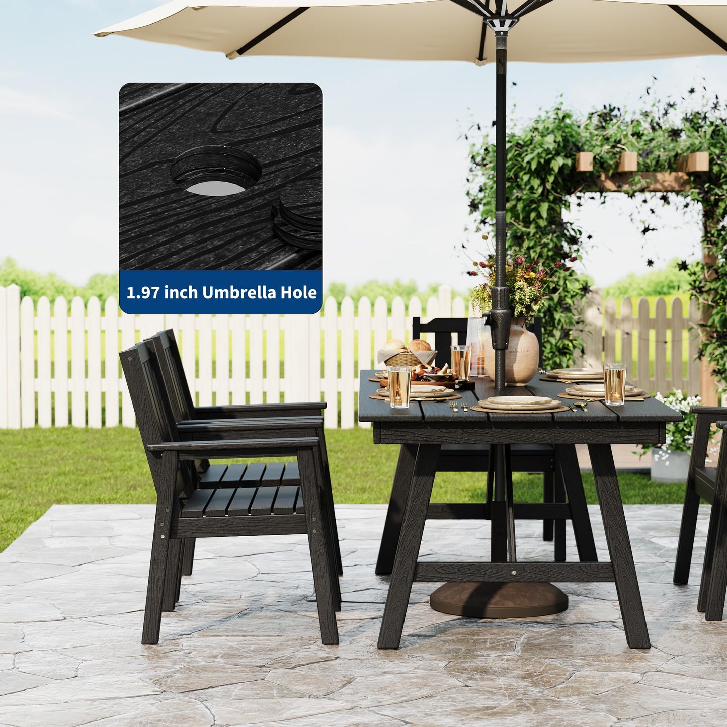IDEALHOUSE 5-Piece Outdoor Patio Dining Set for 4-6, HDPE Table with Umbrella Hole and Sturdy Aluminum Frame, Weather-Resistant Garden Table and Chairs for Backyard, Poolside and Porch, Black