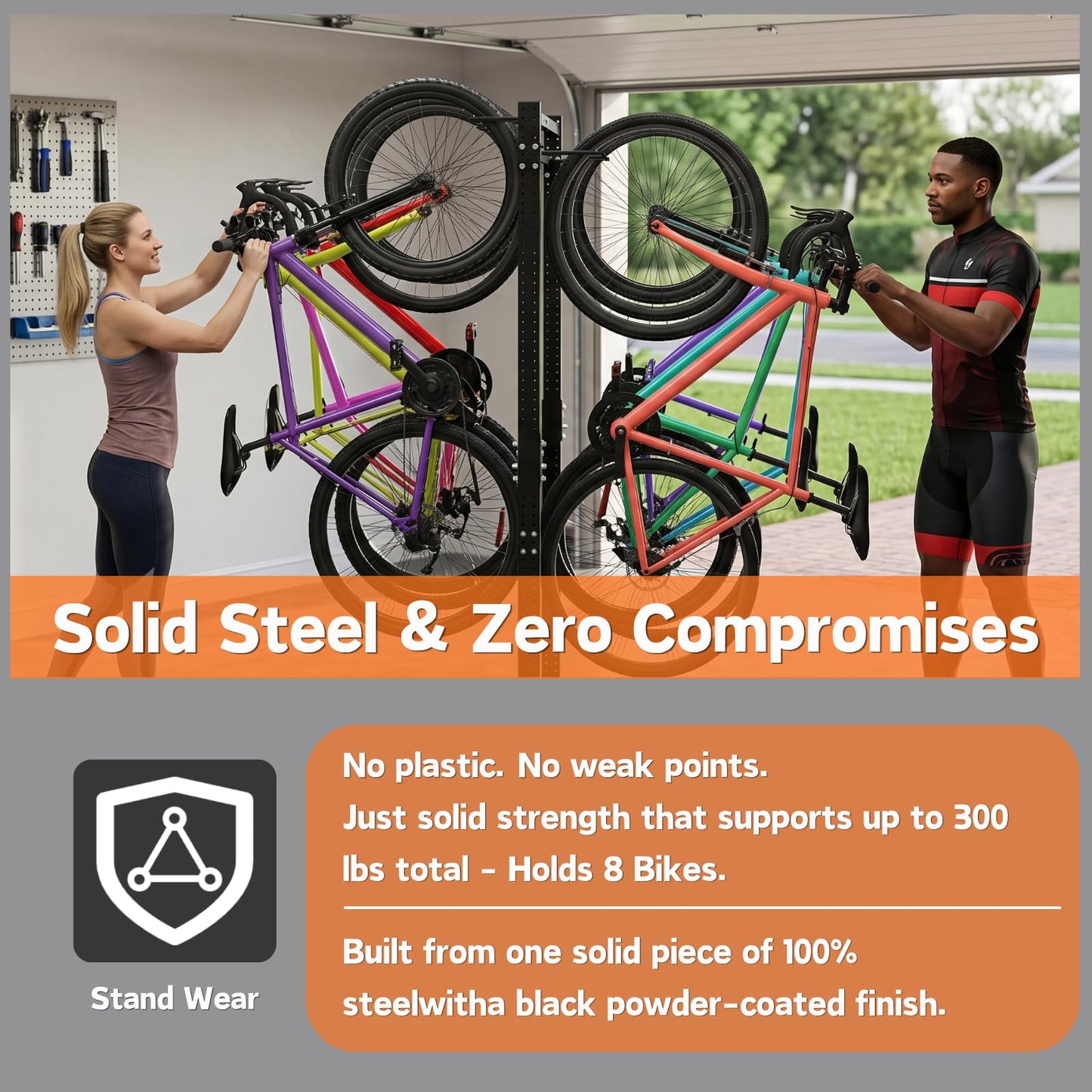 KAXIWEI Vertical Bike Rack for Garage | Heavy-Duty Freestanding Storage System Holds 8 Bikes - Ideal for Road, Mountain, Hybrid, and Kids Bikes | Supports Up to 300 lbs