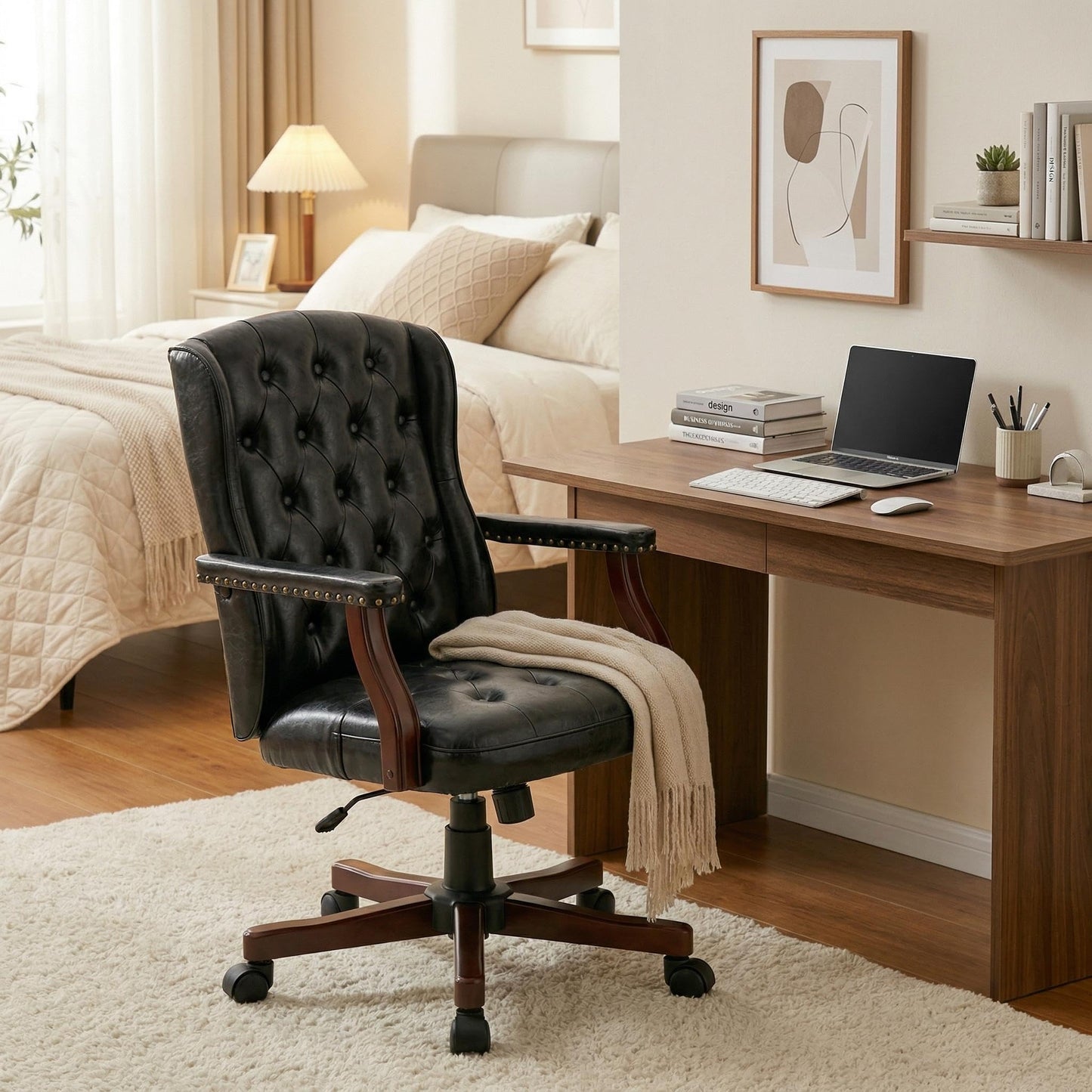 Executive Office Chair, Ergonomic Faux Leather Desk Chair with Wingback Design, Swivel Adjustable Home Office Chair for Computer Desk, Comfortable Task Chair for Home Office, Black