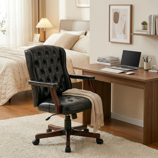 Executive Office Chair, Ergonomic Faux Leather Desk Chair with Wingback Design, Swivel Adjustable Home Office Chair for Computer Desk, Comfortable Task Chair for Home Office, Black