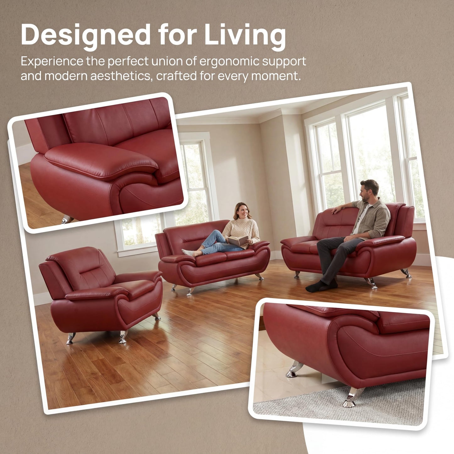 Trygoal 3 Piece Sofa Sets for Living Room, Modern Sectional Couch and Loveseat & Armchair Set, Mid-Century Furniture Sets for Living Room, Apartment, Office, Red