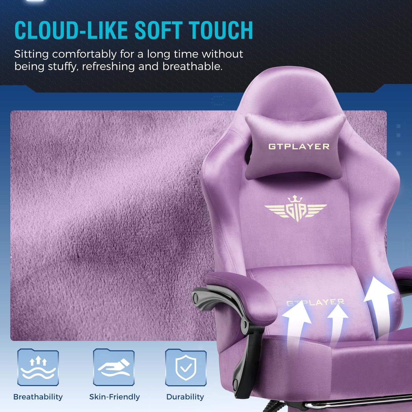 GTPLAYER Big and Tall Gaming Chair 400lbs Heavy Duty Office Chair with FootRest,High Back Pocket Spring Ergonomic Computer Chair for Adults,Wide Comfy Seated Cushion with Linkage Armrests,Light Purple