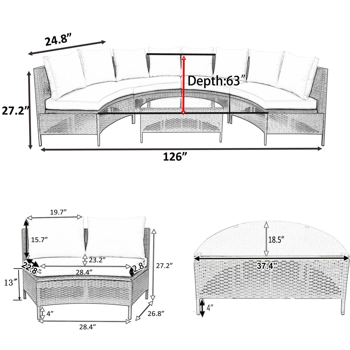 GDFStudio Marlen Patio 5-Piece Conversation Set, Outdoor Half Moon Sectional Sofa Set with Tempered Glass Coffee Table and Removable Cushions, All Weather PE Wicker Modular Sectional Sofa Set, Beige