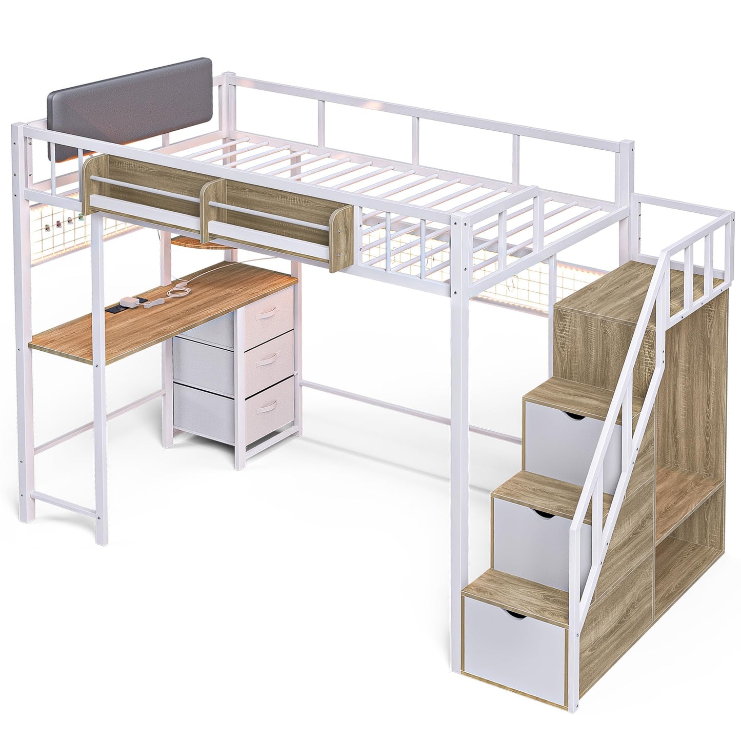 advwin Twin Size Loft Bed with Desk and Stairs, Storage Drawers and Shelves, Charging Station, LED Light, Safety Guardrail & Ladders, Metal Loft Bed Frame Gaming Bed for Adult, Space-Saving, White