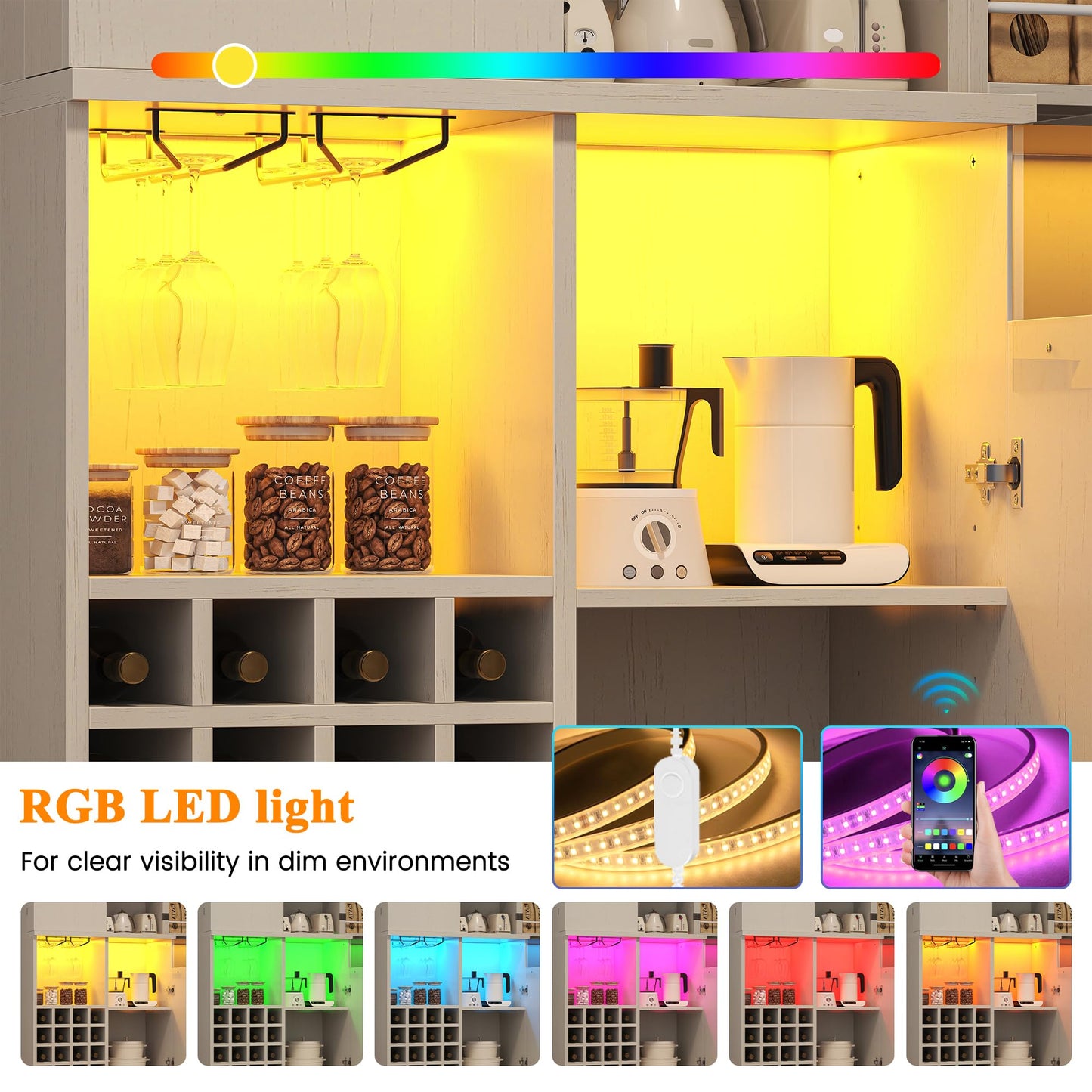 kepptory 72" Tall Kitchen Pantry Storage Cabinet, Freestanding Bar Cabinet with RGB LED Light, White Kitchen Buffet Sideboard with Doors for Dining Room Living Room
