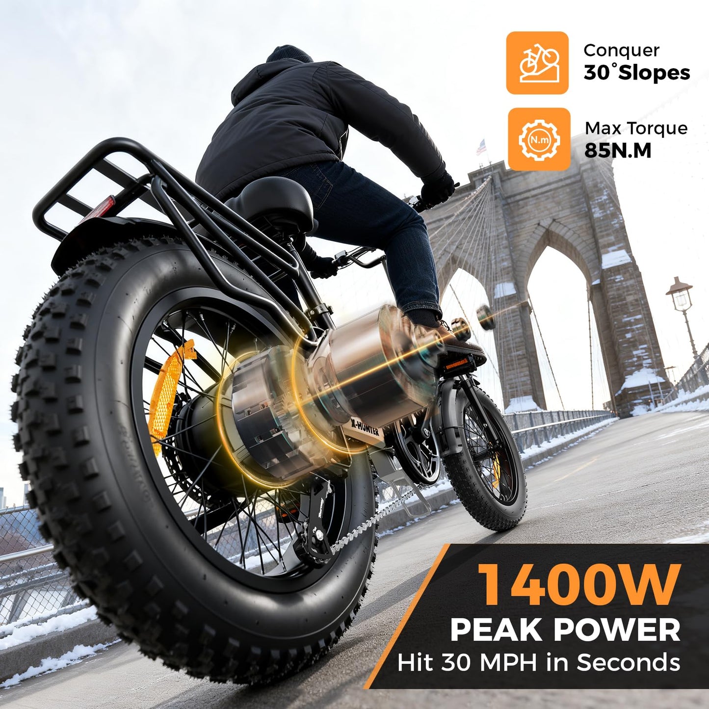 Jasion X-Hunter Foldable Electric Bike, 70+Miles 30MPH Max Speed, 1400W Peak Motor, 624WH Removable Battery, 20″*4 Fat Tire Bicycle for Adult, Full Suspension & 7-Speed EBike for Commute,Snow,Mountain