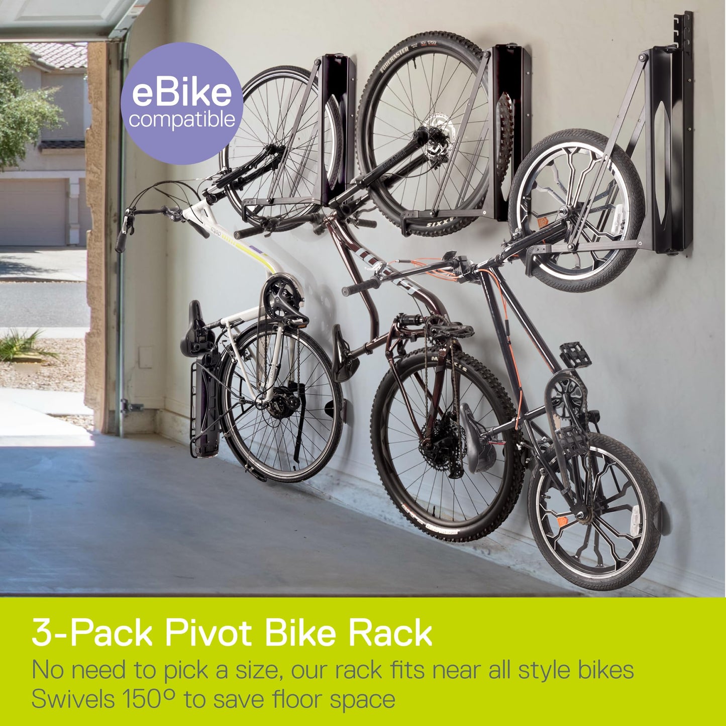 Pivot Bike Storage Rack Black 3-Pack by Delta Cycle - Bike Rack Garage Wall Mount Swivels to Save Space - No Heavy Lifting Vertical Bike Rack - Indoor Bike Storage Wall Hanger Holds Up to 100 lbs