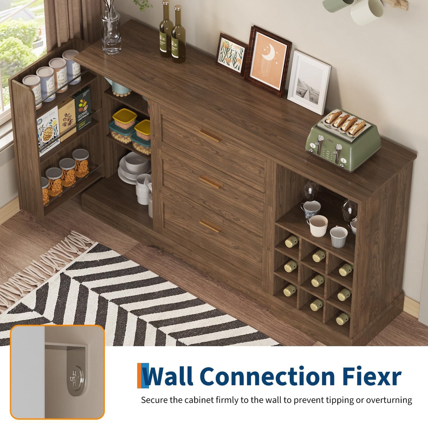 GarveeHome 63 Inch Farmhouse Sideboard Buffet with Drawer Adjustable Shelves,Kitchen Island with Door-Back Rack for Snacks,Coffee Bar Buffet with Wine Racks Storage for Kitchen Entryway Rustic Walnut