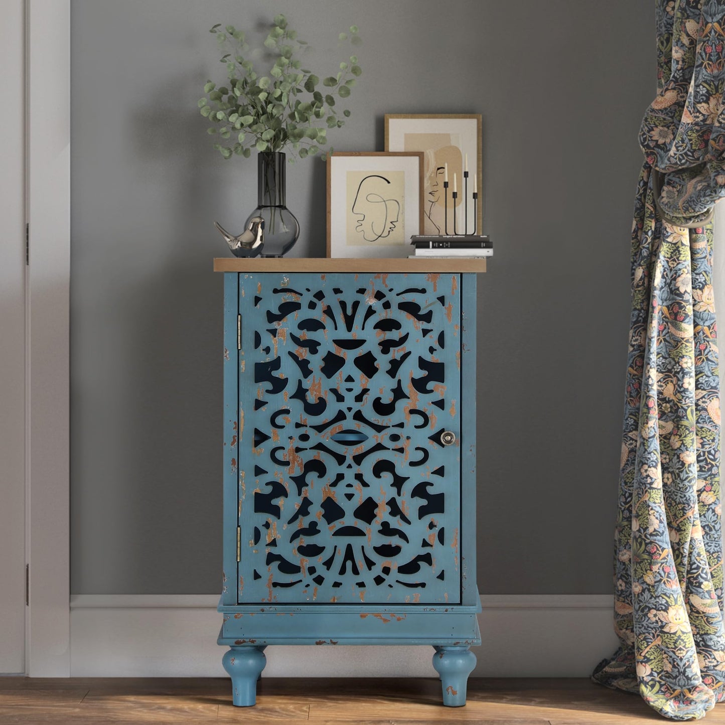 GREEN PARTY Accent Storage Cabinet End Table Nightstand Sofa Table with Single Door Teal Floral Pattern for Living Room, Bedroom, Coffee Table, Teal Floral