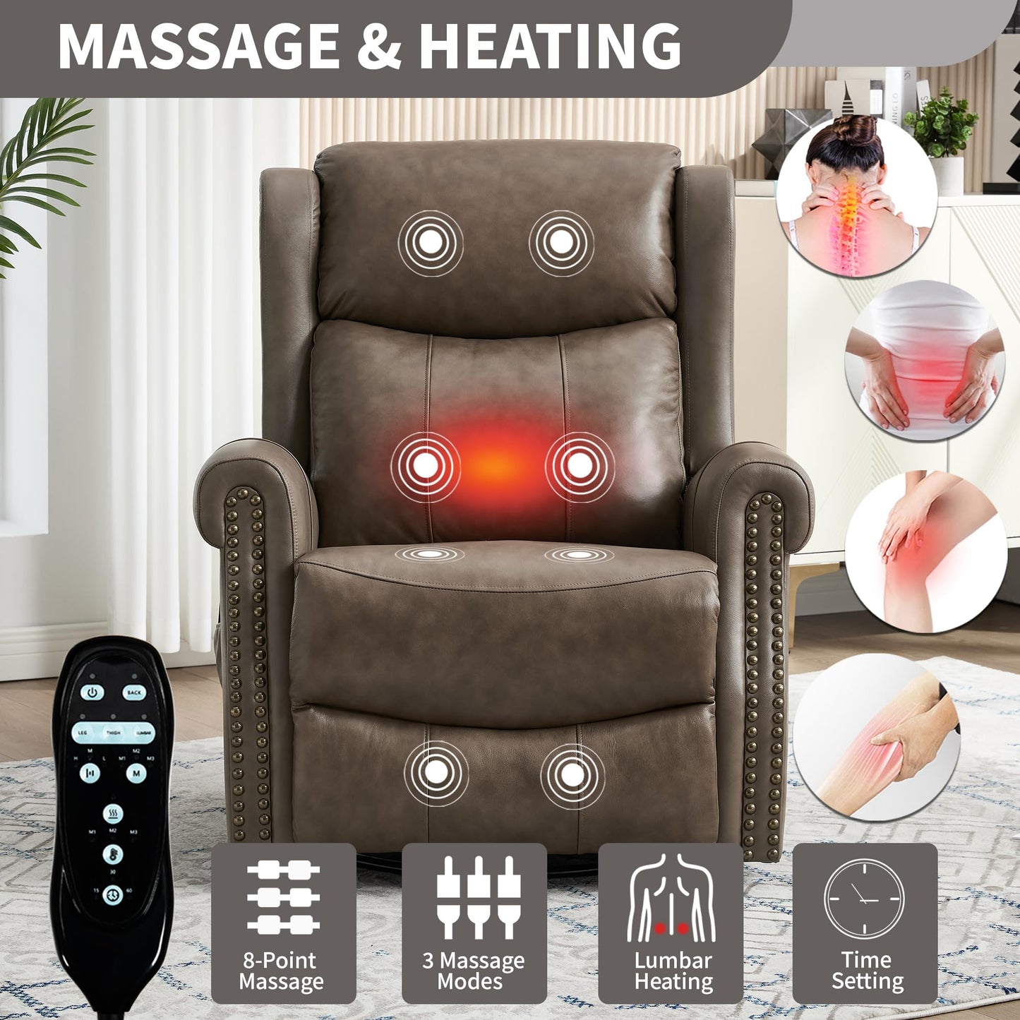Heat Massage Manual Recliner Chair with Rocking and 360° Swivel Base, Genuine Leather Recliner Chair with Lumbar Heat, 8-Point Vibration Massage, 155° Reclining Living Room Chair for Adults, Grey