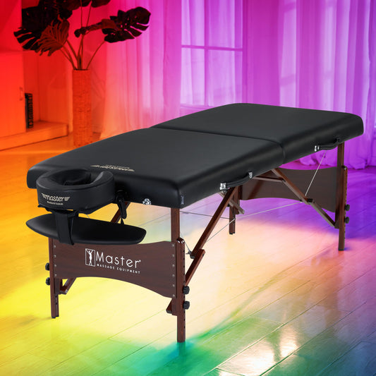 30" Newport Black Portable Massage Table Master Massage Package with Aurora Multicolor Atmosphere Ambient Lighting System