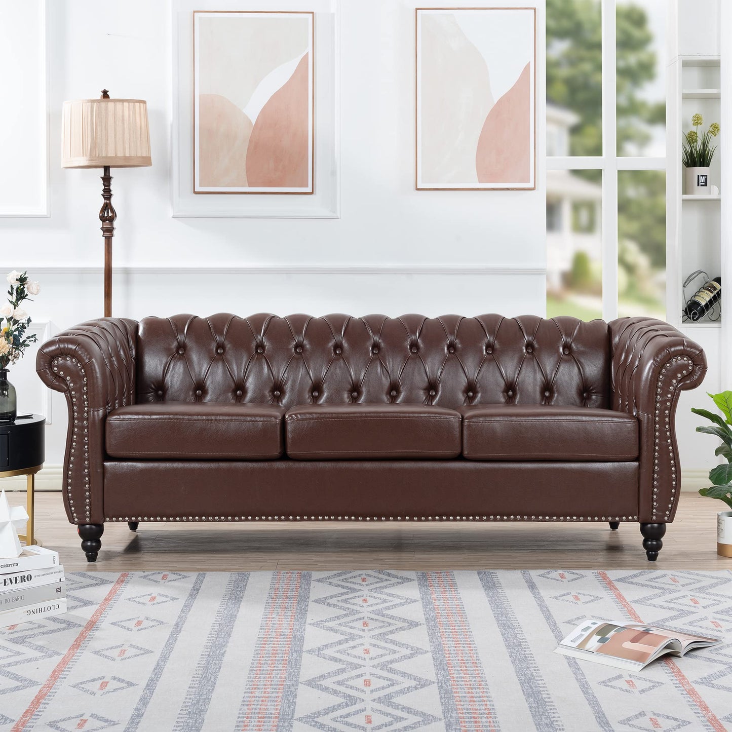 Ball & Cast 84" Chesterfield Leather Sofa with Channel Tufted Seat Back,Classic 3 Seater Couch w/Roll Arm Nailhead Trim and Upholstered,Mid Century Furniture for Living Room,Office,Dark Brown PU