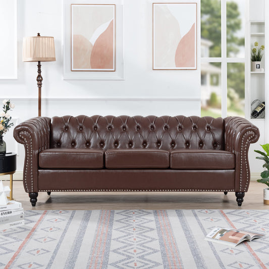 Ball & Cast 84" Chesterfield Leather Sofa with Channel Tufted Seat Back,Classic 3 Seater Couch w/Roll Arm Nailhead Trim and Upholstered,Mid Century Furniture for Living Room,Office,Dark Brown PU