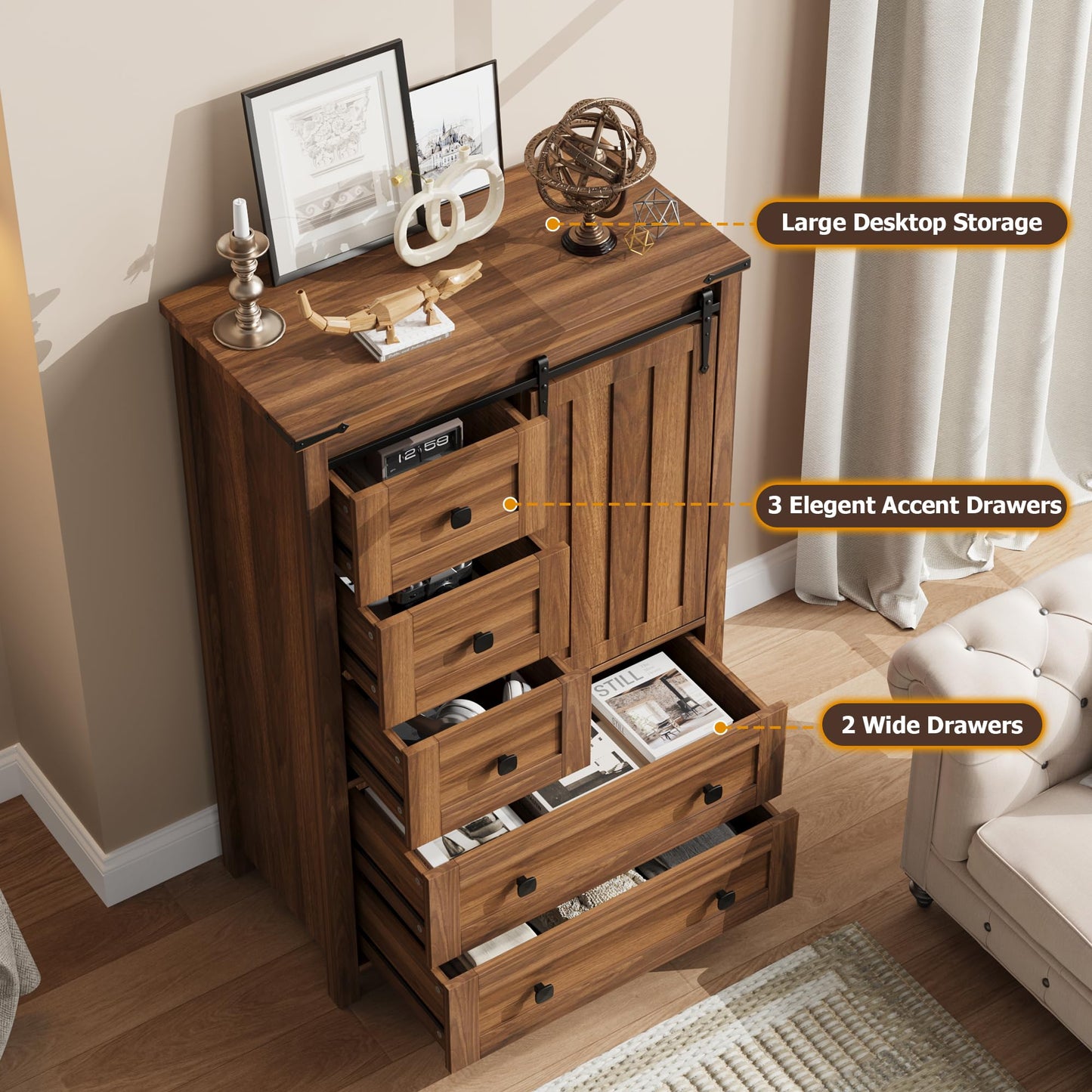 GarveeHome Farmhouse 5 Drawer Dresser for Bedroom, 48" Tall Wood Dressers Chest of Drawer with Sliding Barn Door, Adjustable Shelf, Storage Organizer for Bedroom, Hallway, Living Room, Kitchen, Walnut