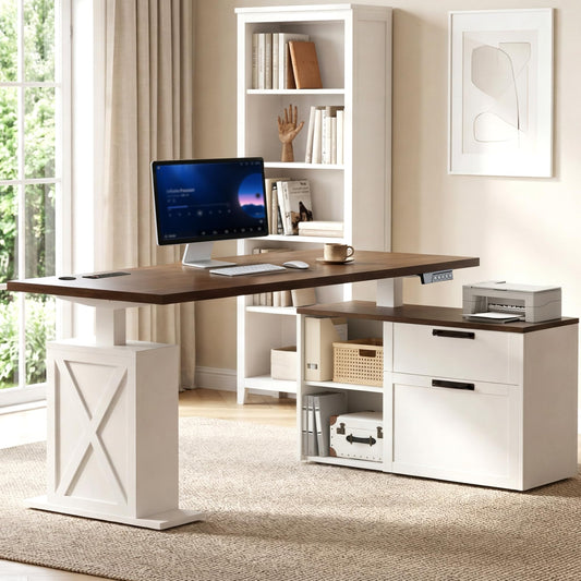 Homiflex 67" L Shaped Standing Desk with Drawers, Electric Height Adjustable Corner Desk, Sit Stand Office Desk with 4 AC Outlets & Type C Port, Brown & White