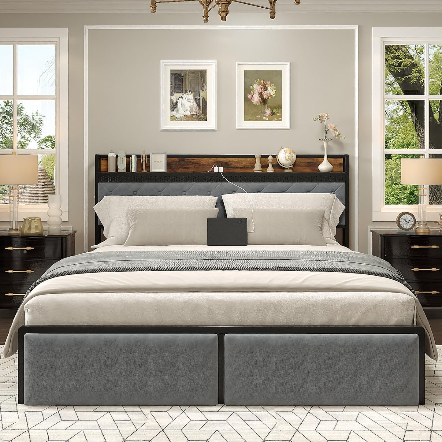 IDEALHOUSE King Size Bed Frame with Storage Headboard and 2 Drawers, Platform Metal King Bed Frame with LED Lights and Charging Station, Noise Free, No Box Spring Needed, Grey