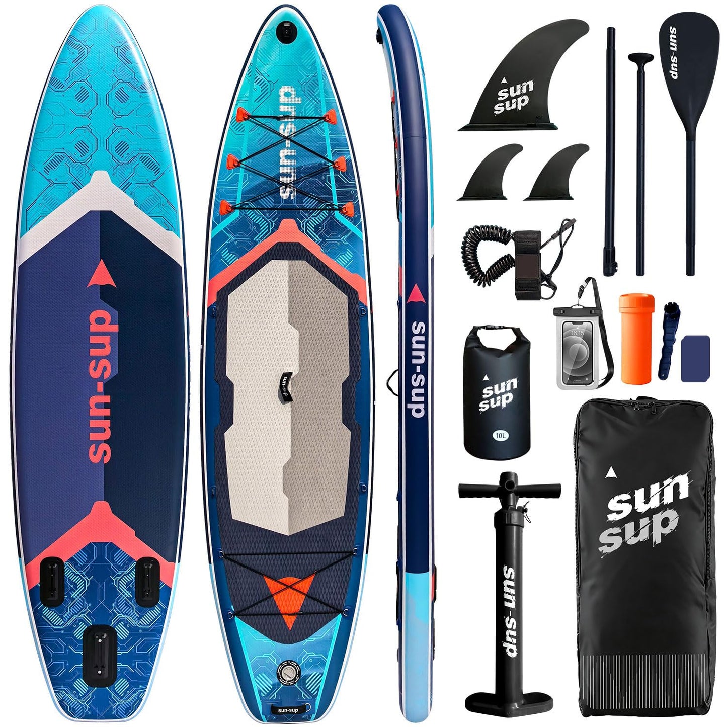 SUN-SUP 11ft Inflatable Stand Up Paddle Board, All-Around Inflatable SUP with Non-Slip Deck for Fishing, Surfing, Yoga and Multi Water Sports
