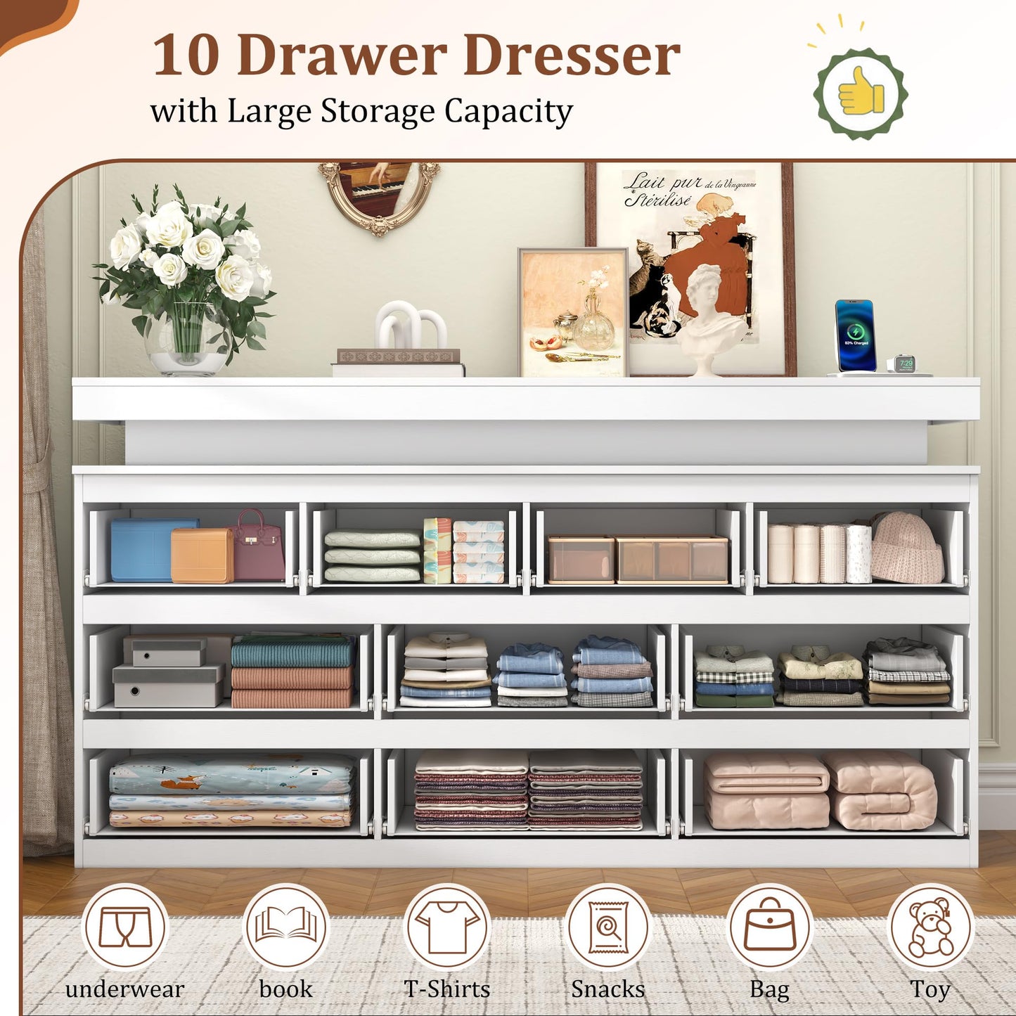 10 Drawer Dresser for Bedroom, 63“ Wide 34” Tall Drawer Organizer Cabinet with LED Light and Charge Station, Modern Chest of Drawers for Closet, Living Room, Entryway, Hallway (White, 10 Drawers)