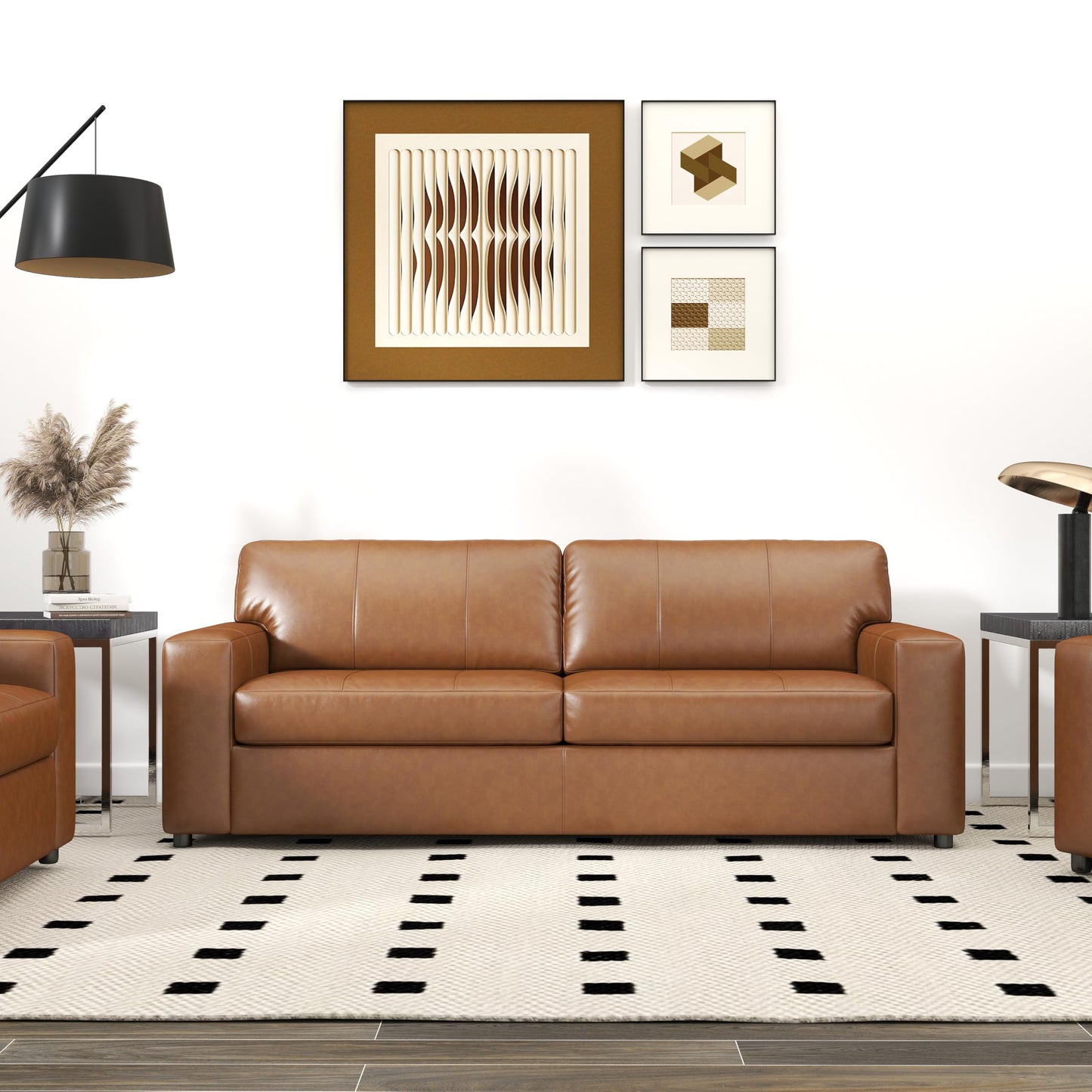 Roundhill Furniture Sakan Leather Upholstered 2-Piece Living Room Set, Sofa and Loveseat, Caramel