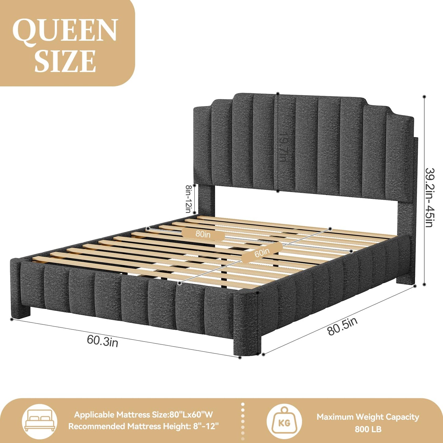 HDDDZSW Queen Bed Frame with Adjustable Headboard, Boucle Queen Size Bed Frame Upholstered Platform Bed Frame, Solid Wood Slats Support Grey Bed Frame for Bedroom, No Box Spring Needed