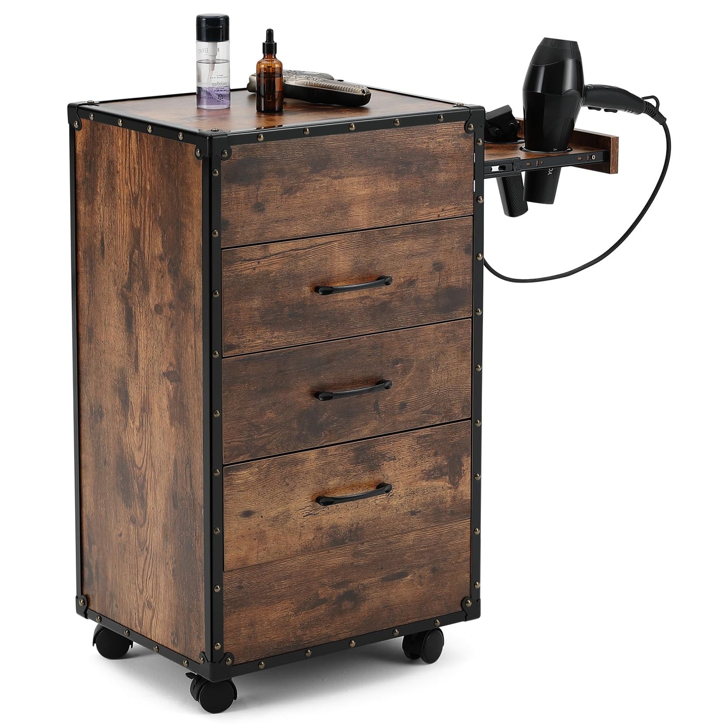 Artist hand Salon Trolley Cart with Wheels Barber Station with Drawers,Power Outlets,Hair Dryer Holders, Hair Stylist Equipment Storage Cabinet for Barbershop Spa Studio