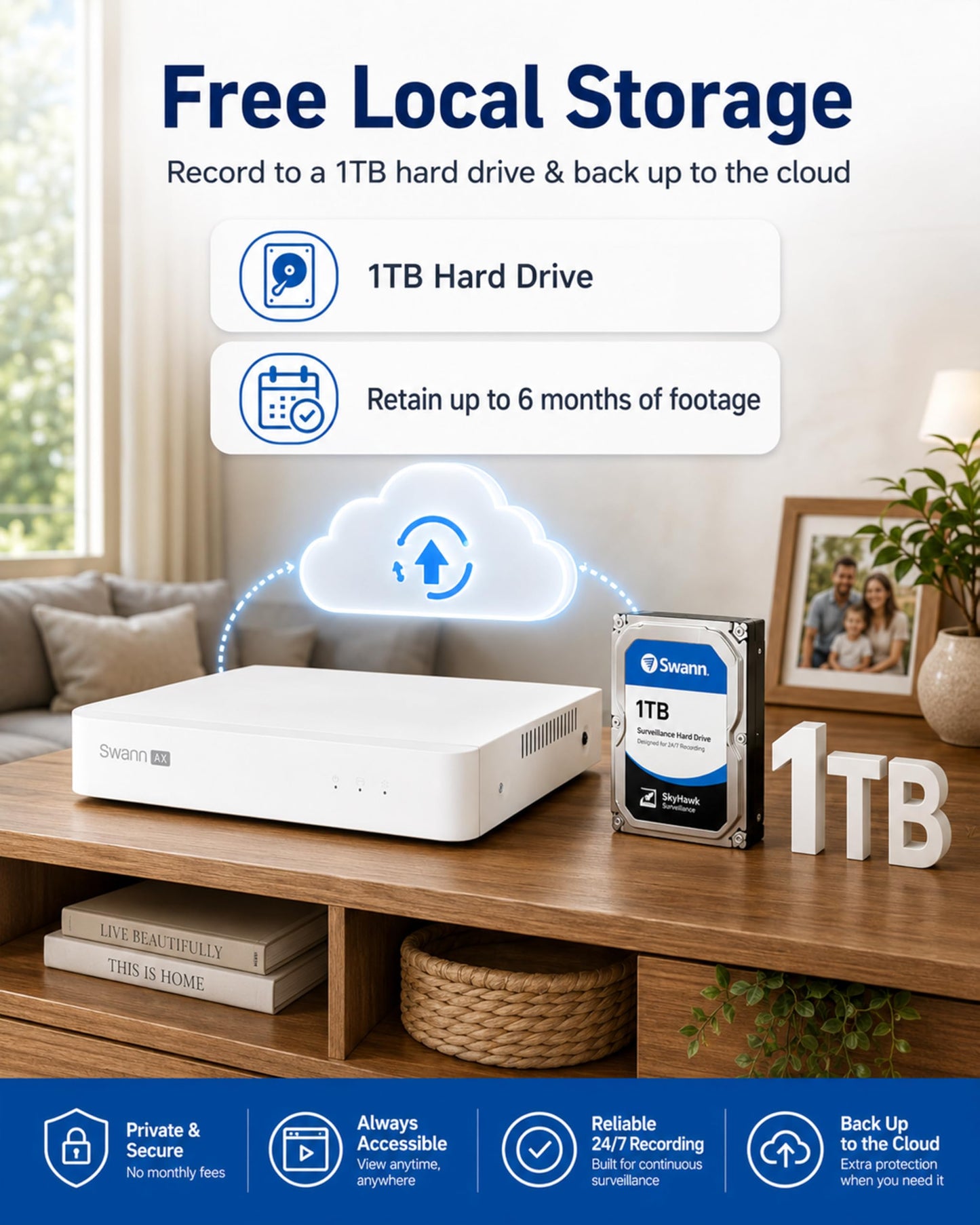 Swann AdvancedX™ Wired 5MP NVR Security System, 8 Channel, 4 Dome 3K Cameras, 1TB Storage, White, 24/7 Recording
