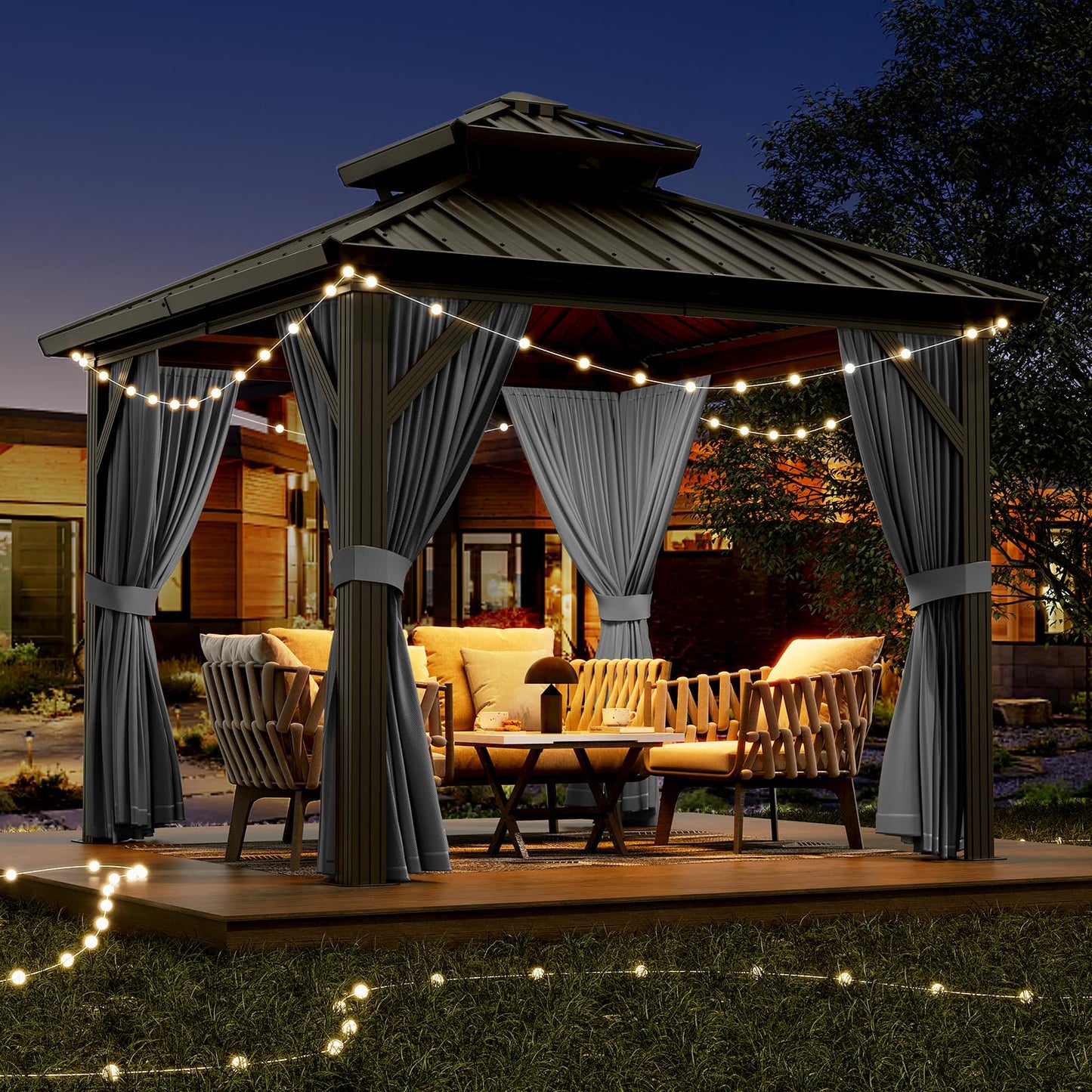 GarveeHome Outdoor Gazebos Canopy 10 x 10 ft Permanent with High Strength Aluminum Frame, Iron Double-Roof, Pavilion with Curtain and Netting for Patio, Lawn, Deck, Garden